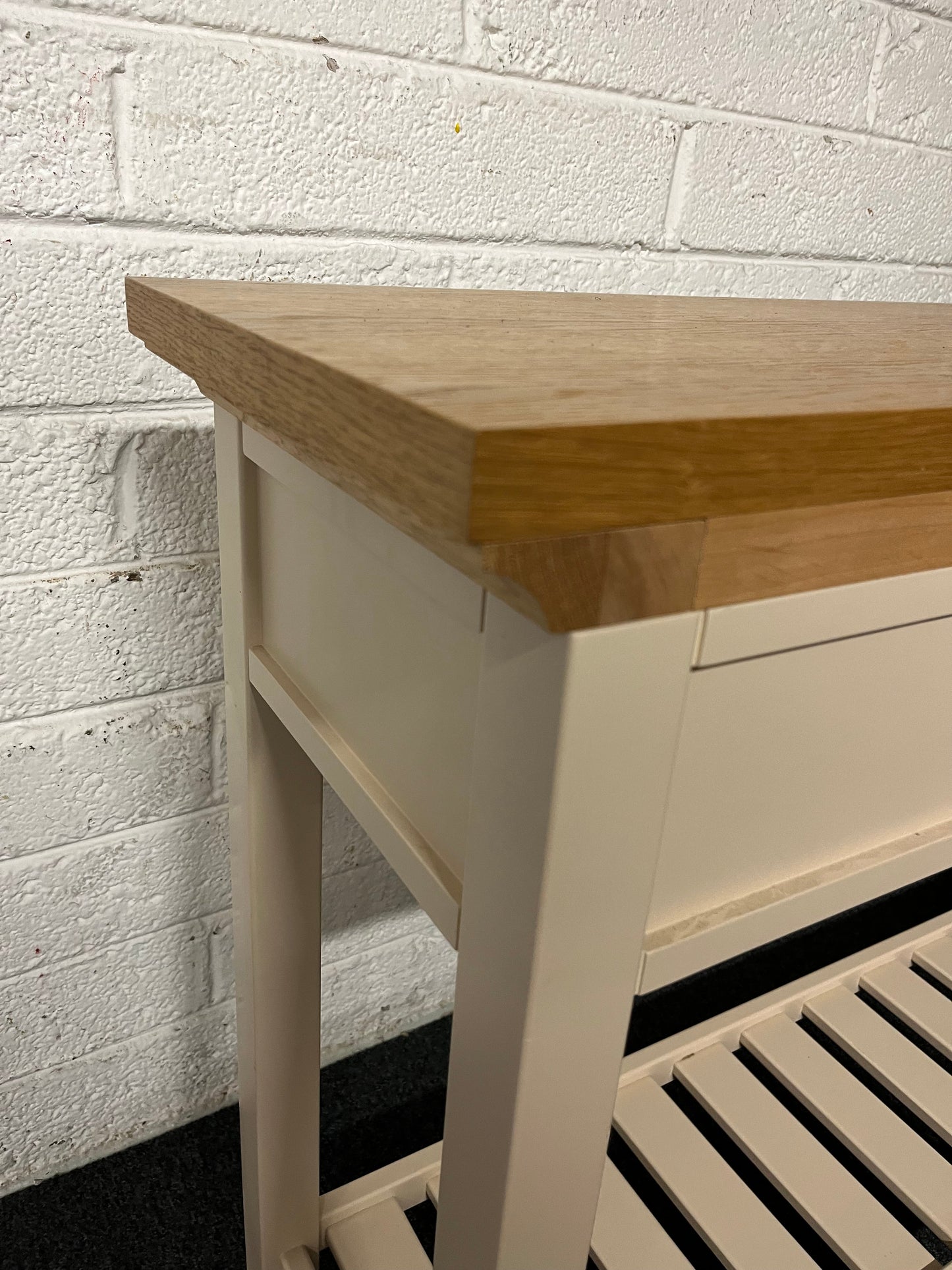 Solid oak top slim console table with cream painted frame, 3 drawers and shelf  1225