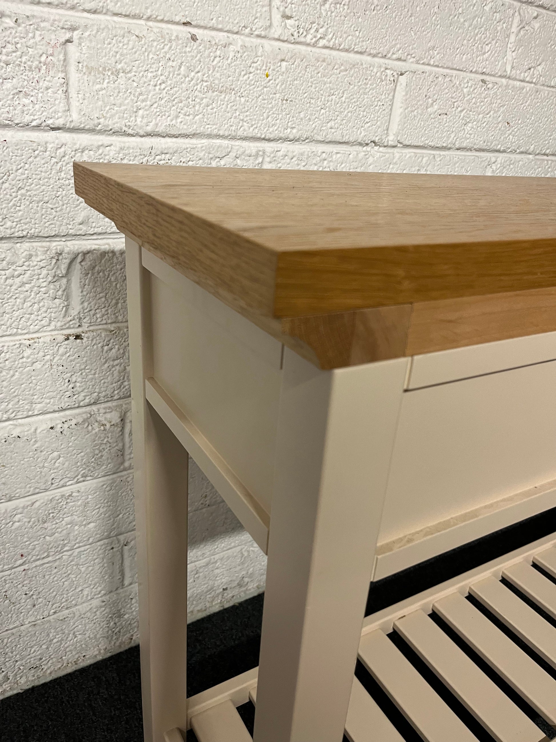 Solid oak top slim console table with cream painted frame, 3 drawers and shelf  1225