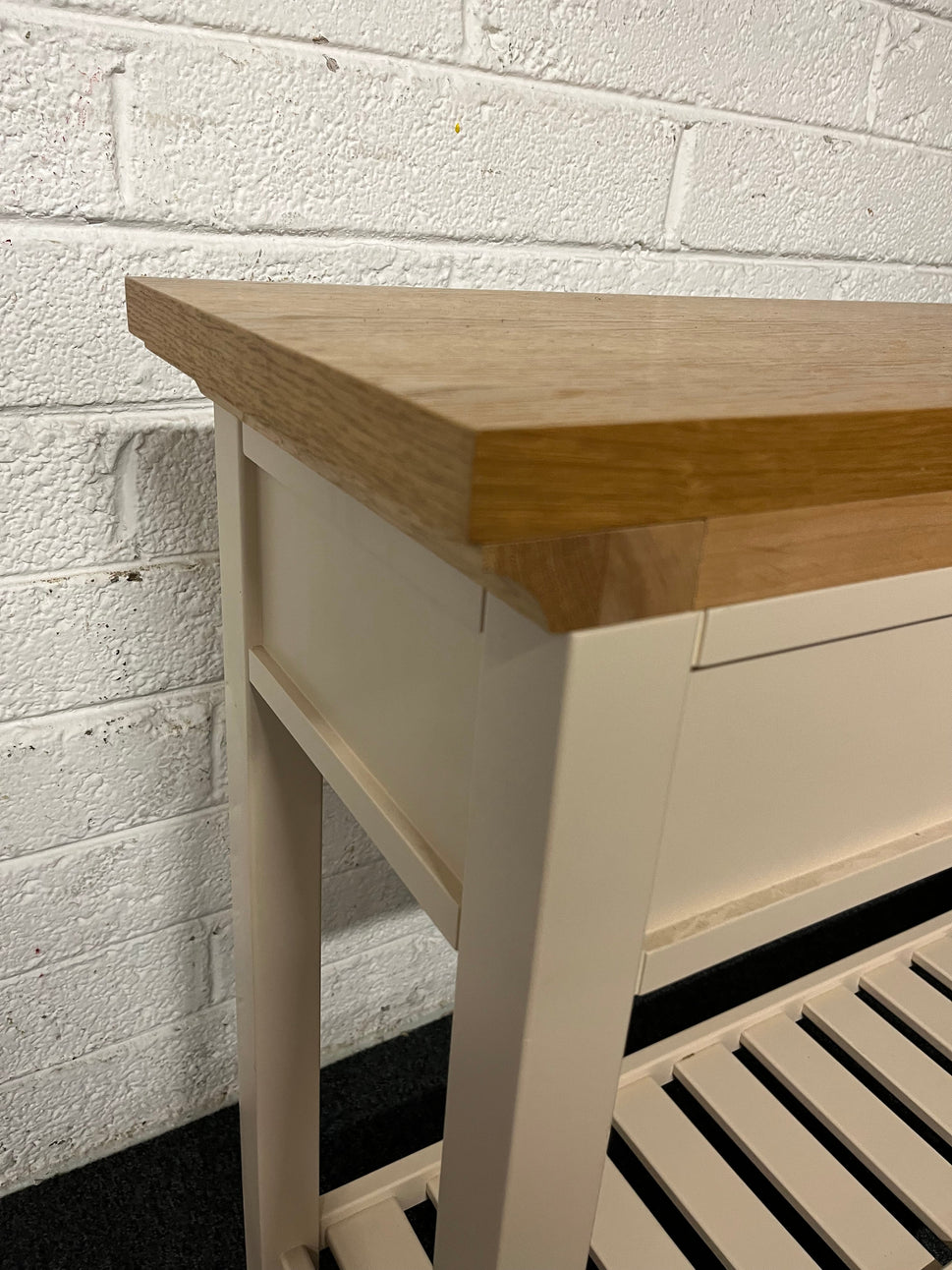 Solid oak top slim console table with cream painted frame, 3 drawers and shelf  1225