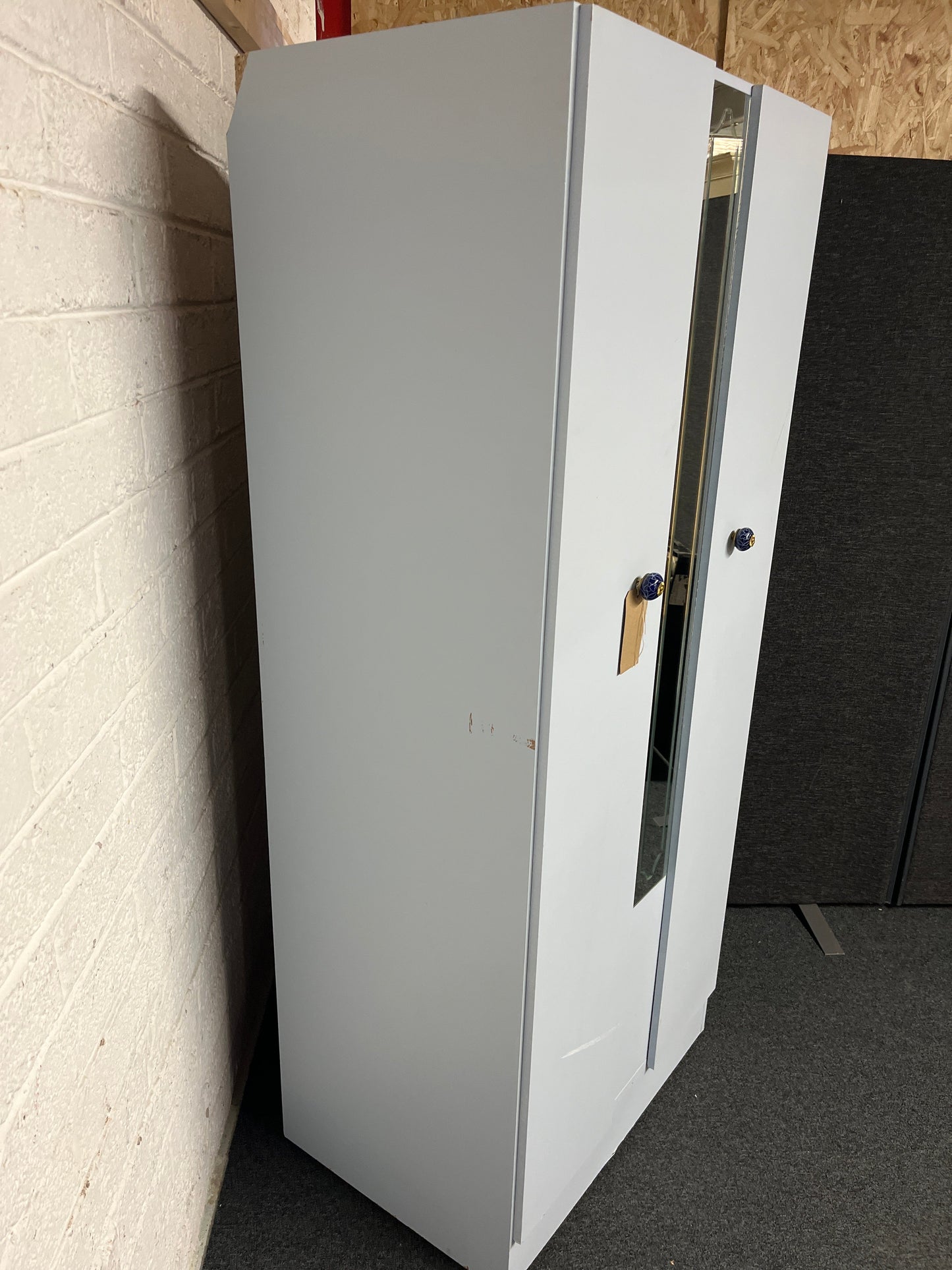 Tall 2 door, central mirror pale blue laminate wardrobe (H 182 x W 77 x 54 cm) 1225