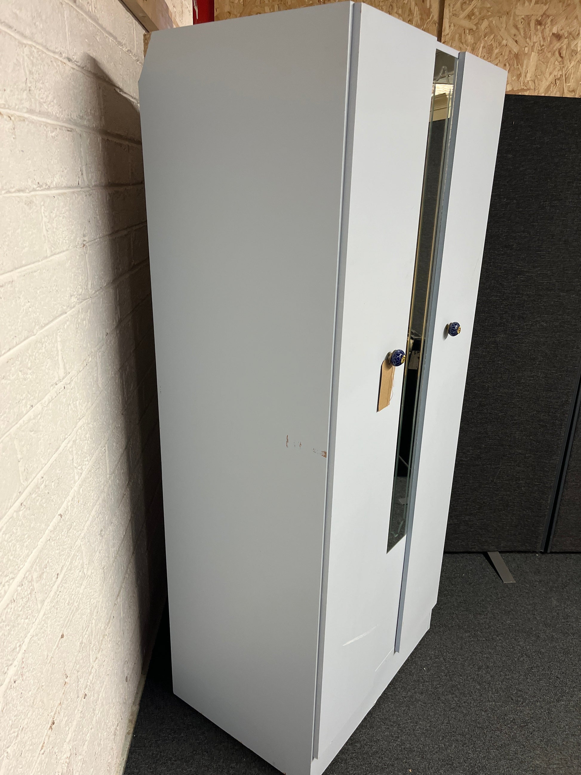 Tall 2 door, central mirror pale blue laminate wardrobe (H 182 x W 77 x 54 cm) 1225