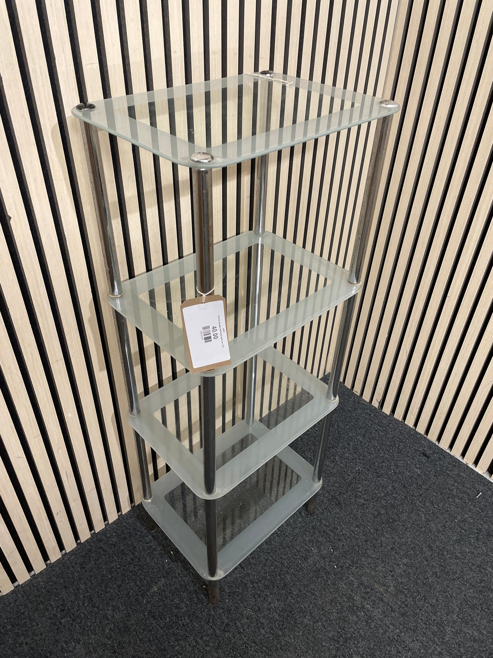 Chrome and glass tall tiered shelf unit 1126