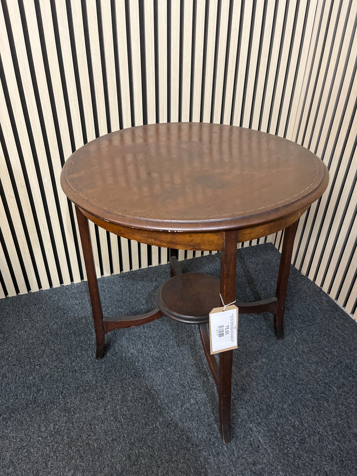 Ornate dark mahogany inlaid circular occasional table with base shelf and splayed legs 64Hx58W 3325