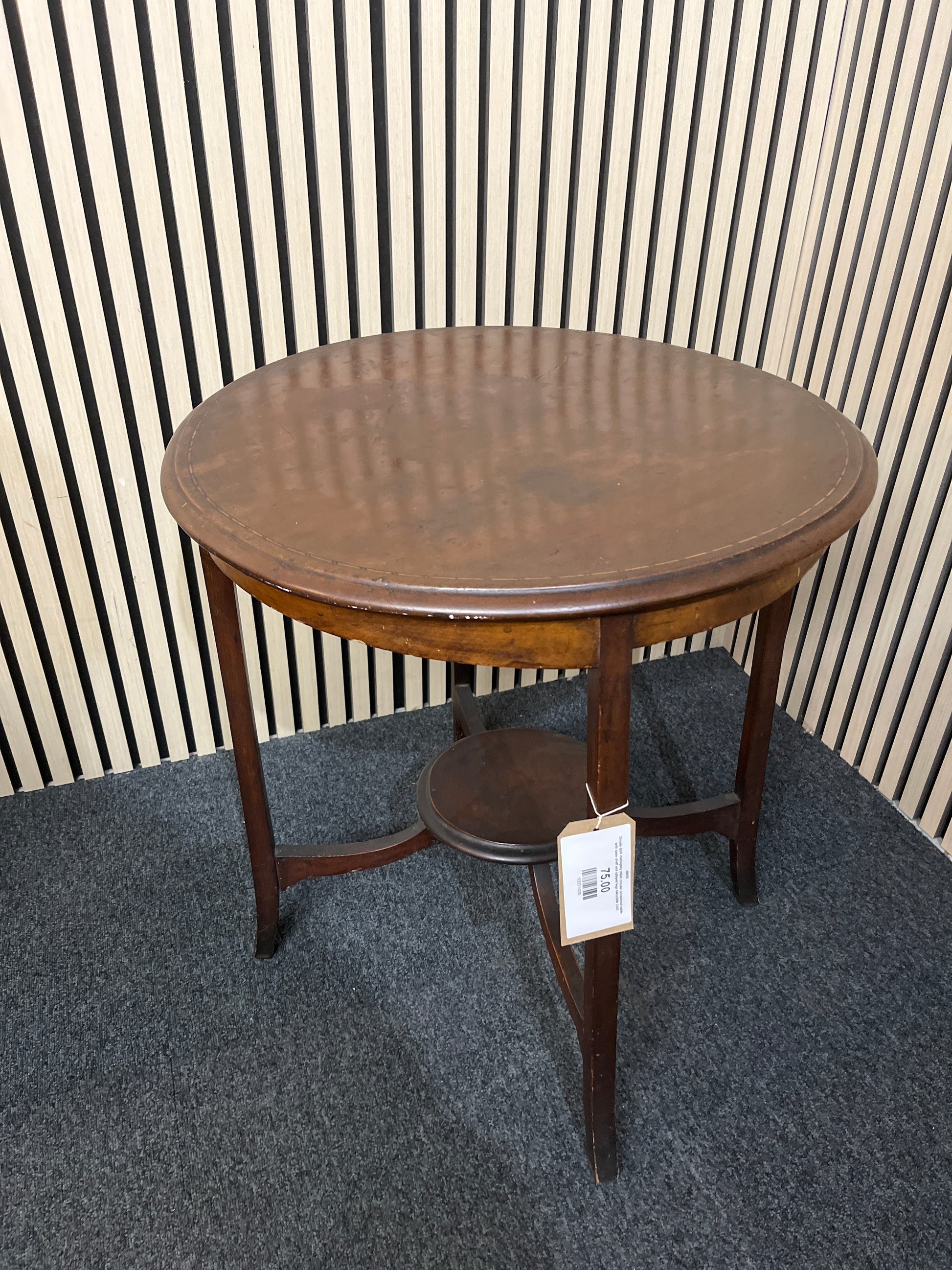 Ornate dark mahogany inlaid circular occasional table with base shelf and splayed legs 64Hx58W 3325