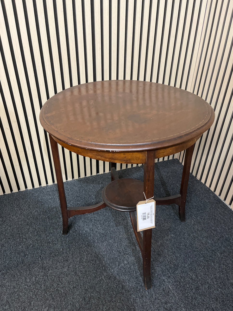 Ornate dark mahogany inlaid circular occasional table with base shelf and splayed legs 64Hx58W 3325