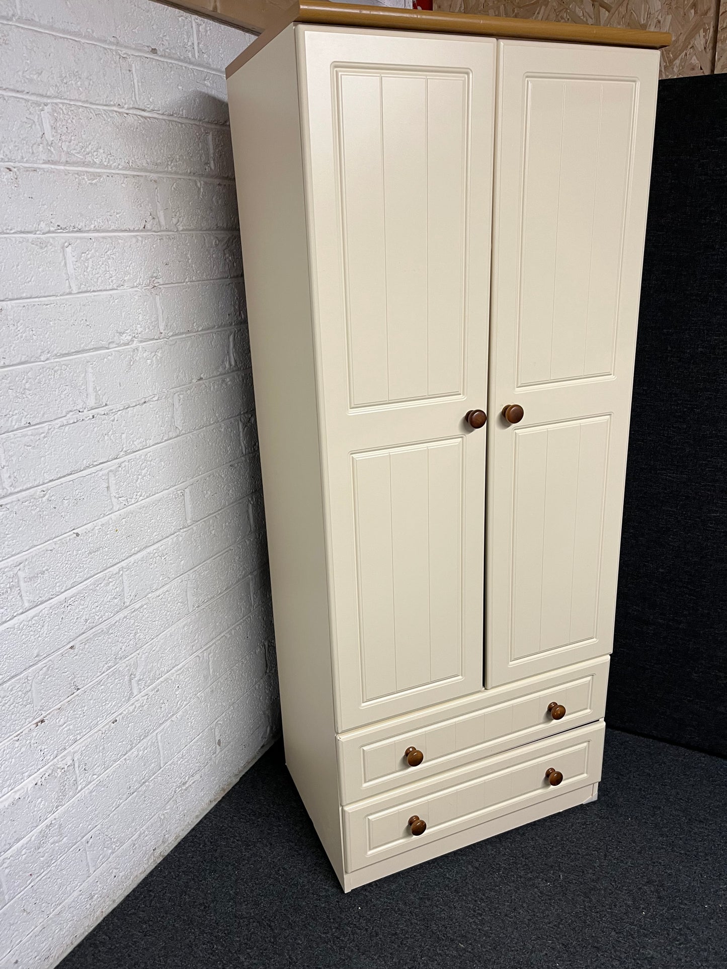 Tall cream and oak laminate 2 door 2 drawer wardrobe (H 1850 x W 740 x D 530 mm) 1225