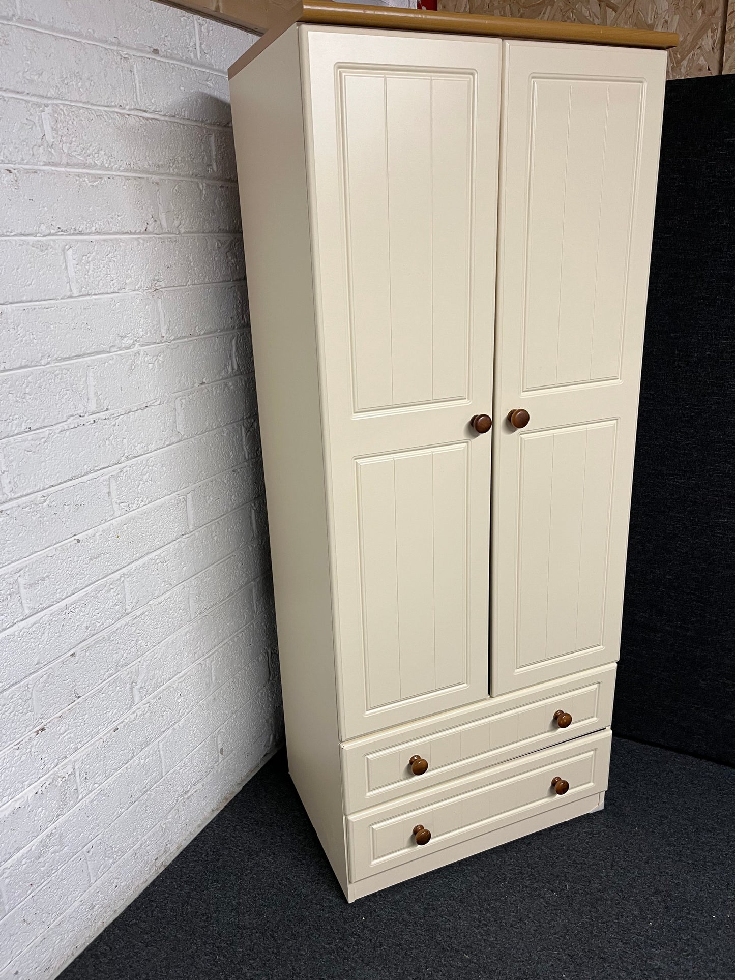 Tall cream and oak laminate 2 door 2 drawer wardrobe (H 1850 x W 740 x D 530 mm) 1225