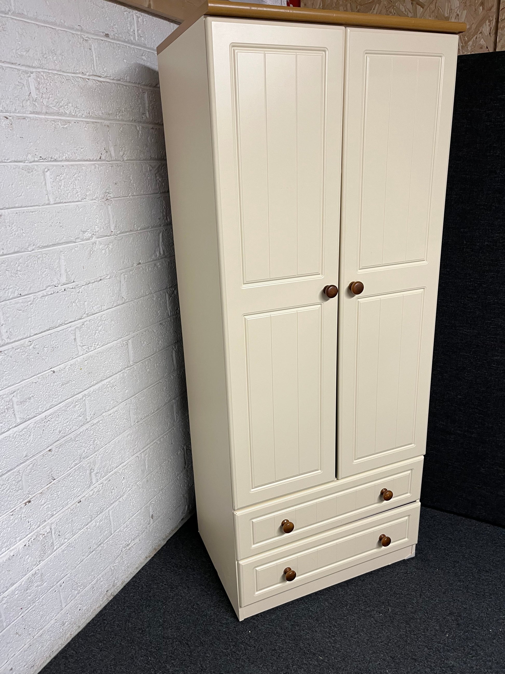 Tall cream and oak laminate 2 door 2 drawer wardrobe (H 1850 x W 740 x D 530 mm) 1225