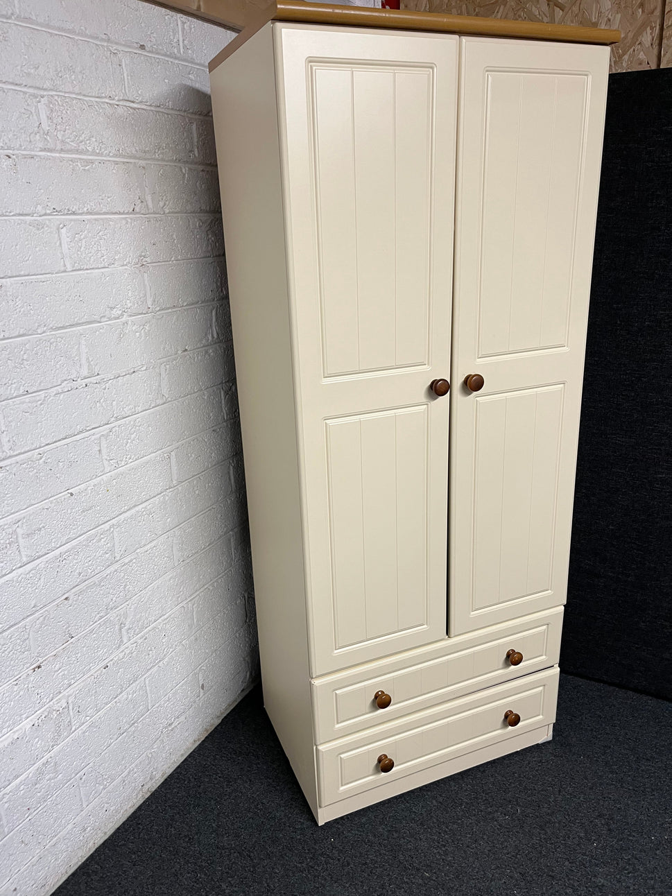 Tall cream and oak laminate 2 door 2 drawer wardrobe (H 1850 x W 740 x D 530 mm) 1225