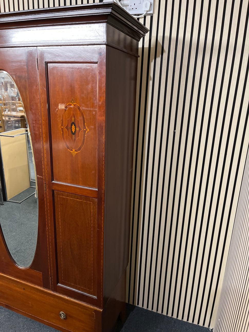 Antique mahogany large wardrobe central oval mirror with base drawer 2425