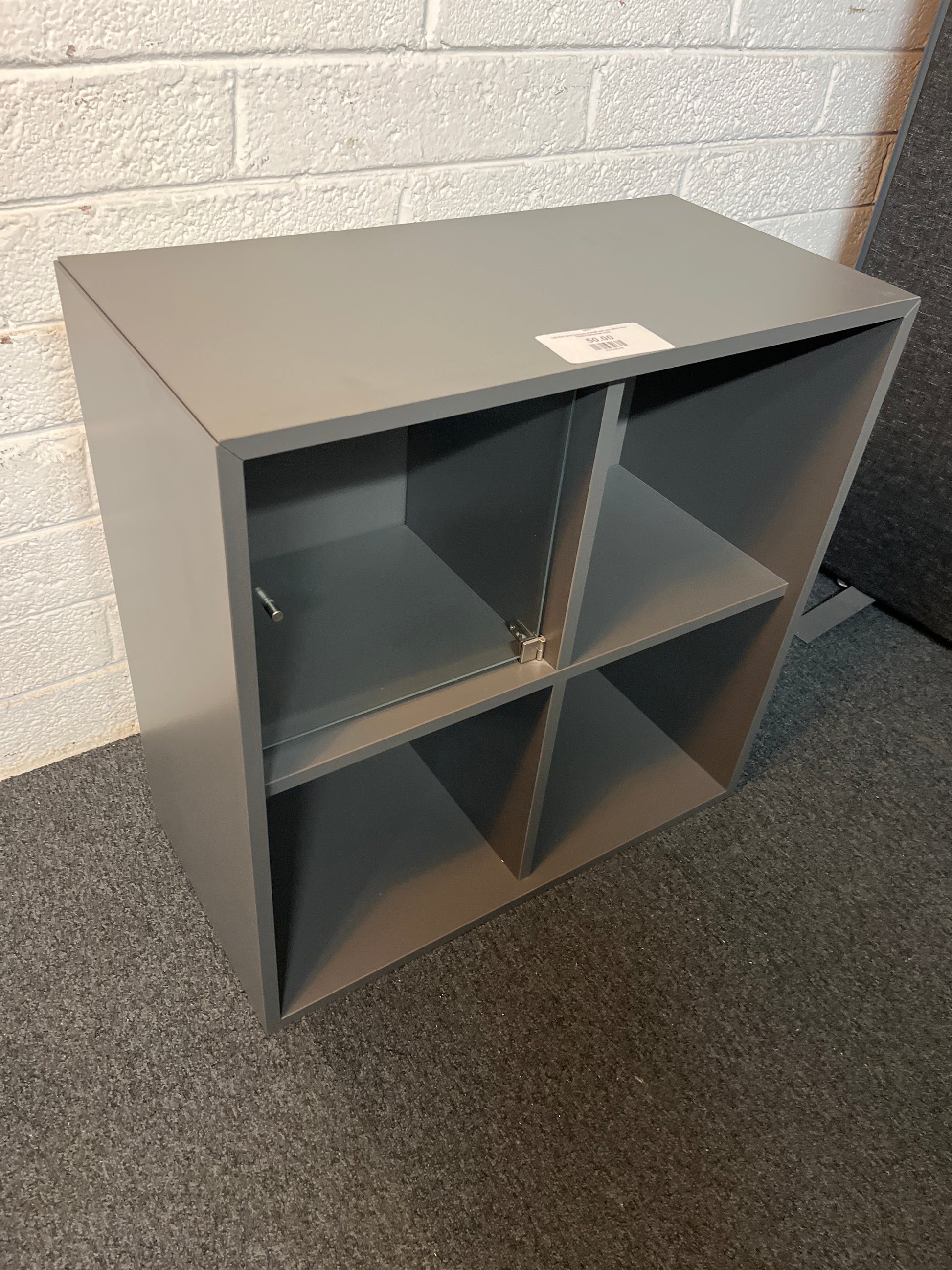 Tall Eket grey laminate 4 shelf with one glass door  700Wx700Hx350D 2225