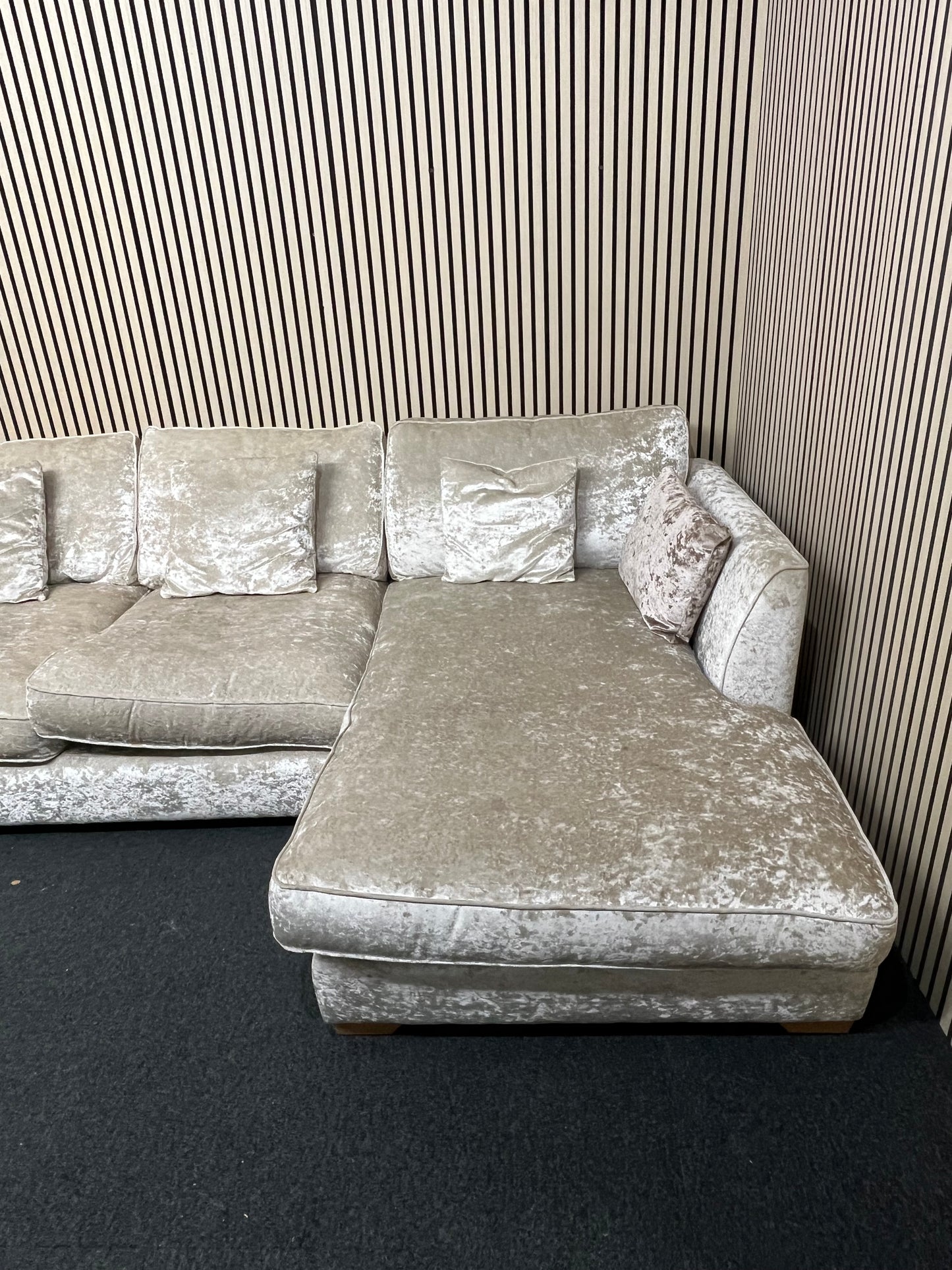 Large light cream crushed velvet fabric corner suite (in sections) with matching armchair 3325