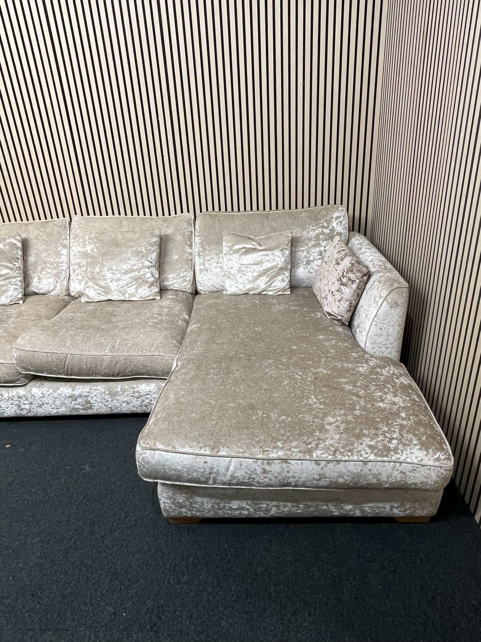 Large light cream crushed velvet fabric corner suite (in sections) with matching armchair 3325