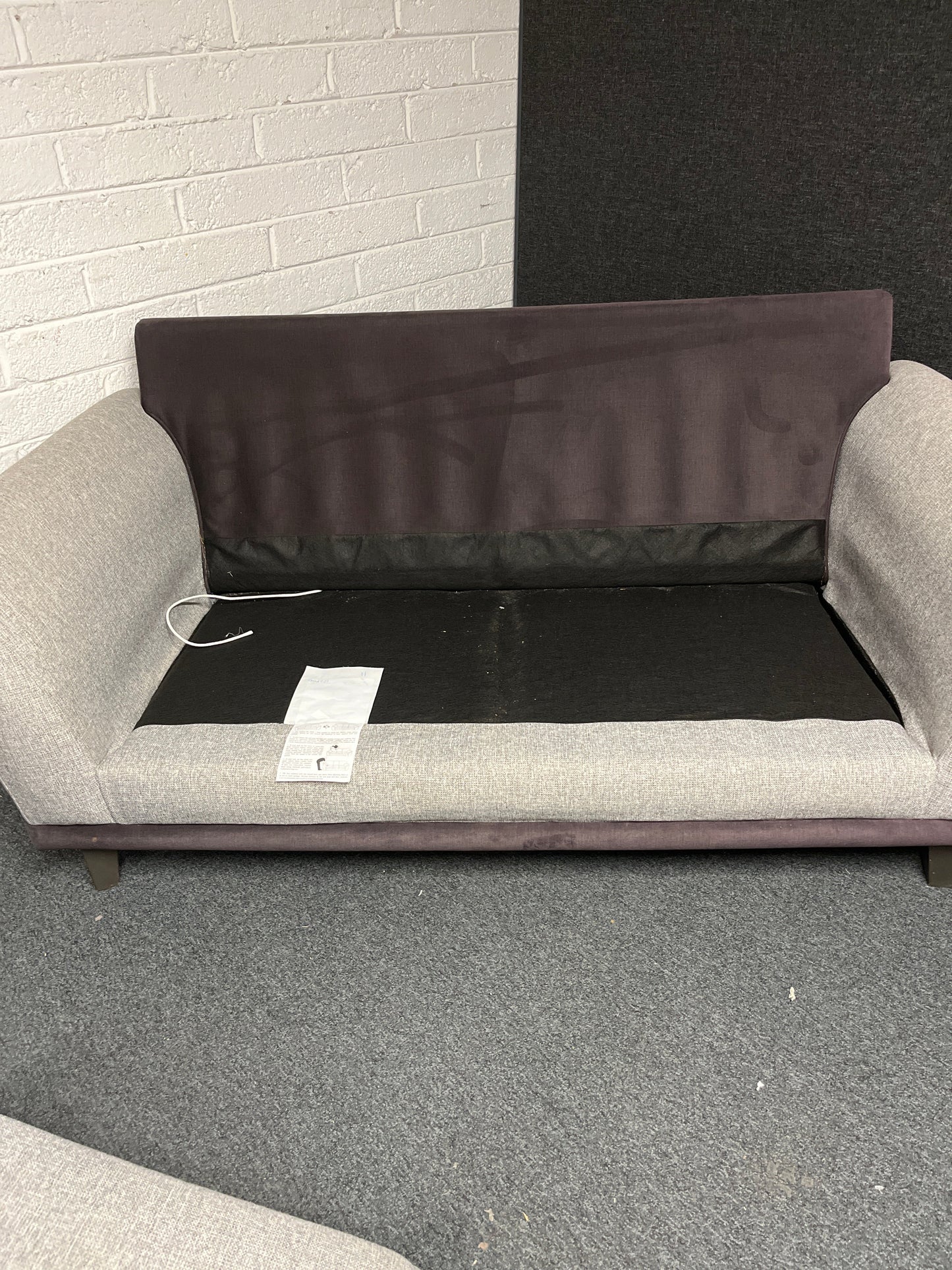 Oatmeal fabric and violet 2 seater sofa with matching cushions 1225
