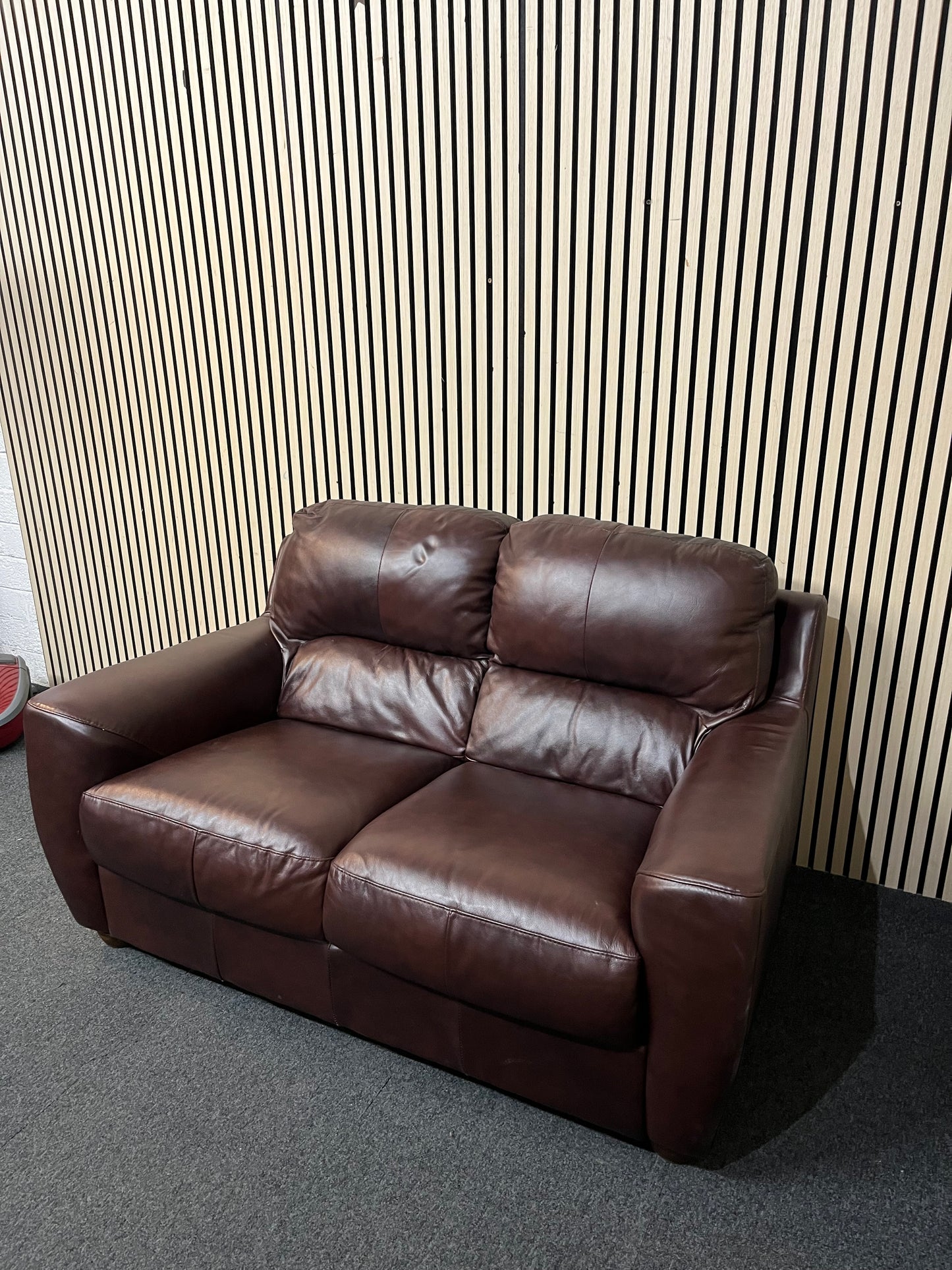 2 seater brown leather high back sofa 43359