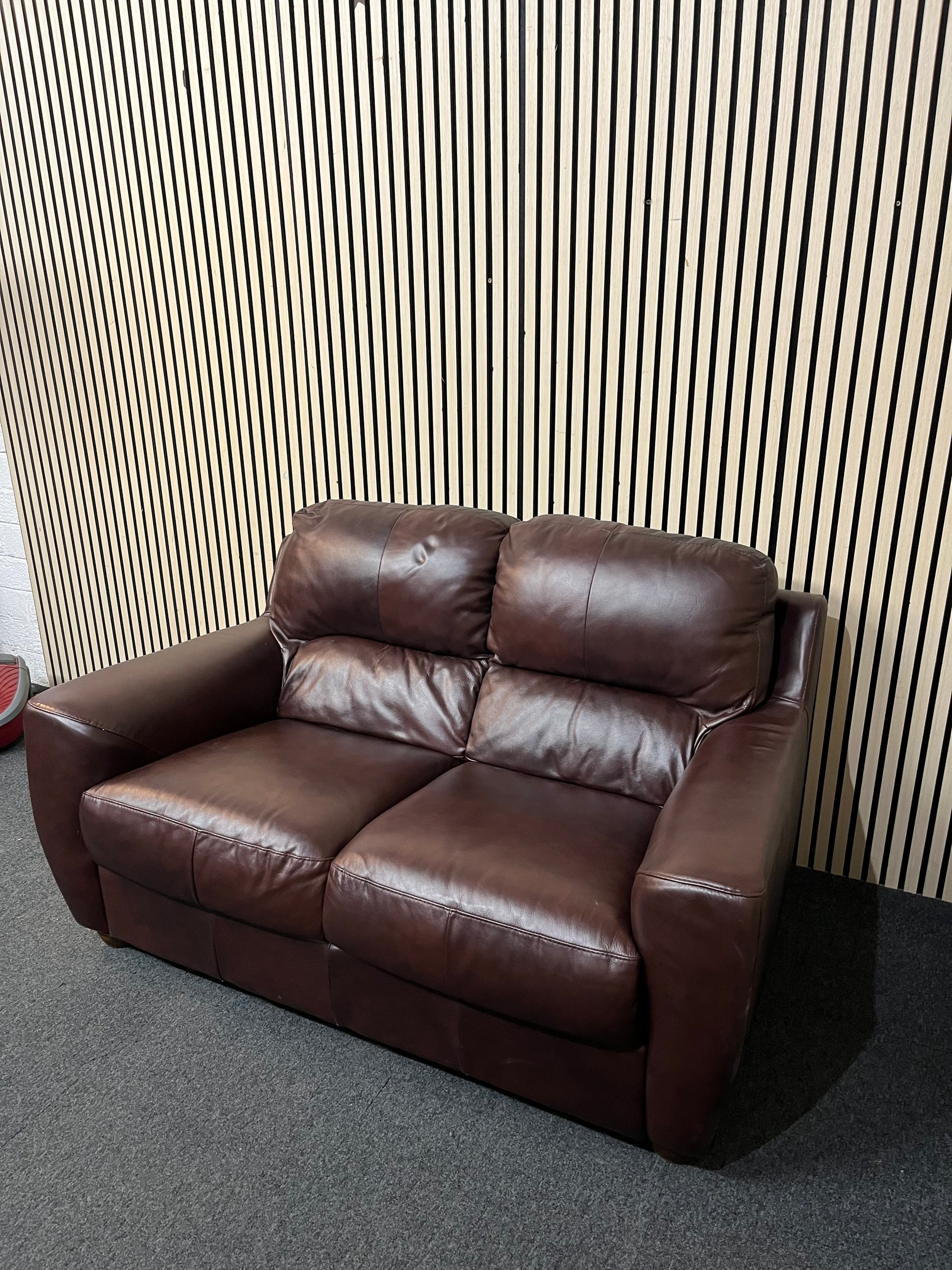 2 seater brown leather high back sofa 43359