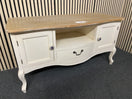 Two-tone console table with wood top and white base.  44513