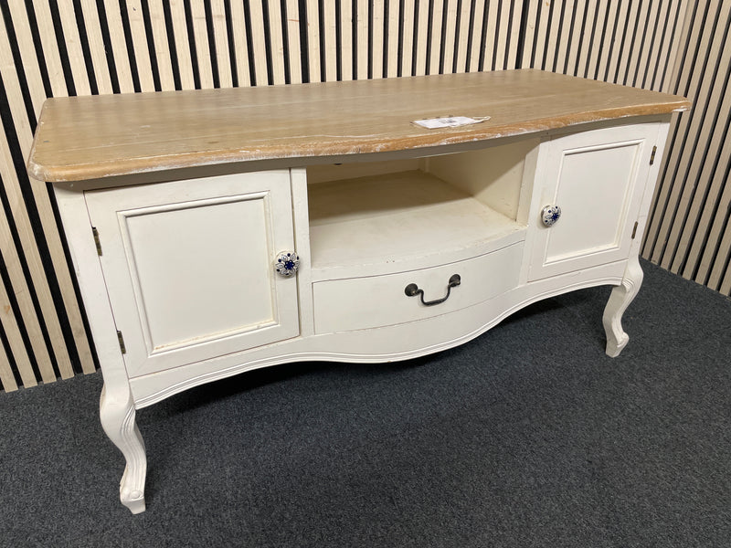 Two-tone console table with wood top and white base.  44513