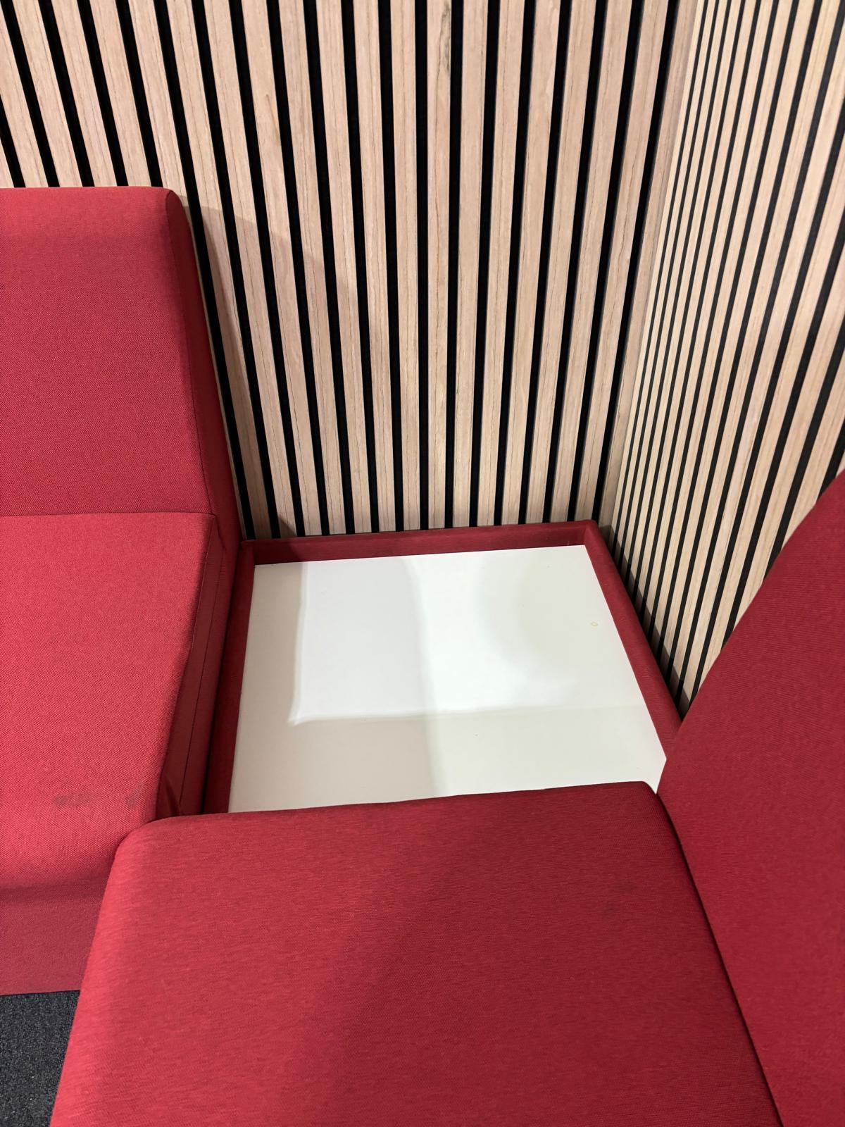 Una modular soft seating L shape sofa + 2 seater with matching coffee table in soft red fabric