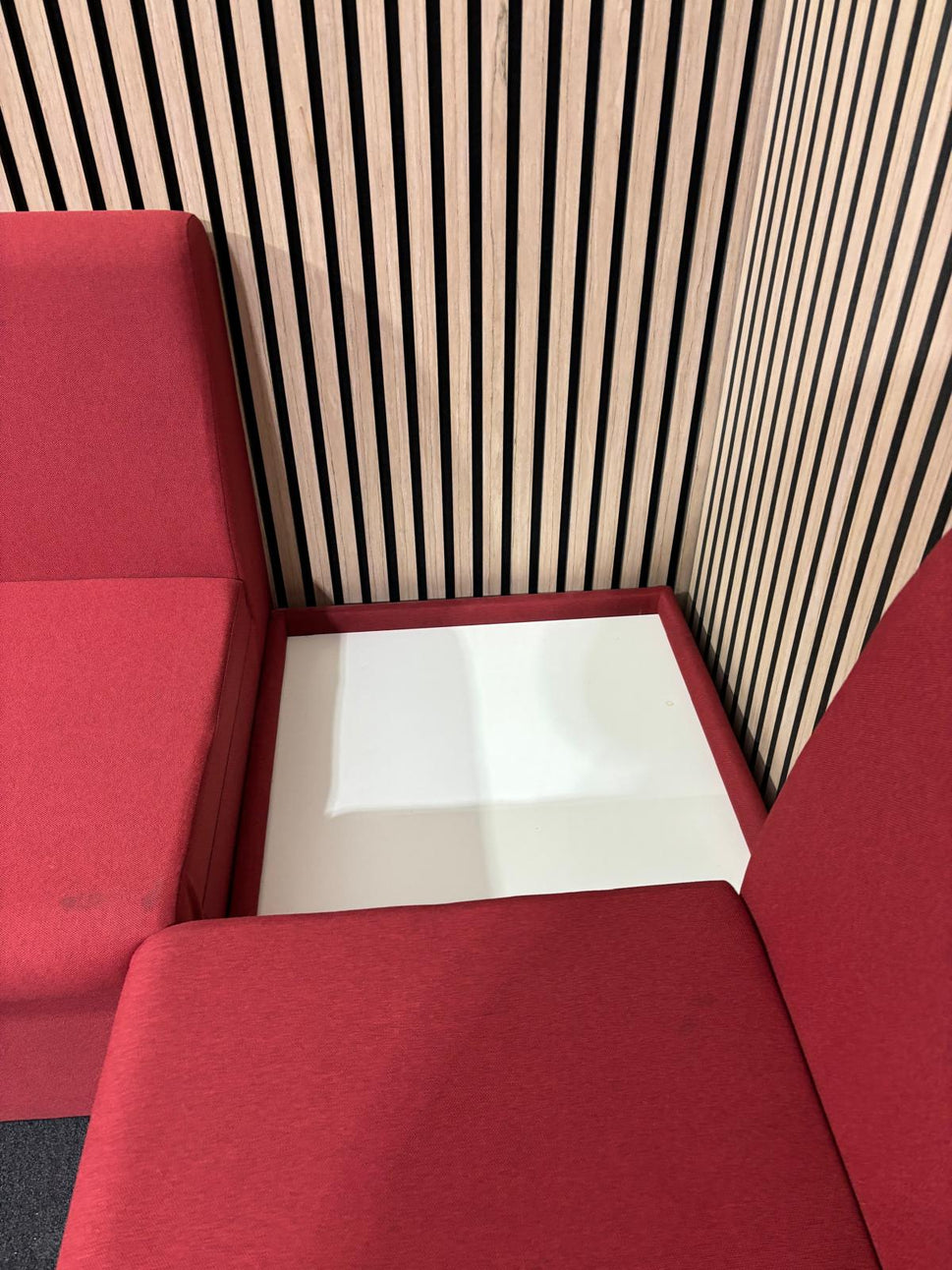 Una modular soft seating L shape sofa + 2 seater with matching coffee table in soft red fabric