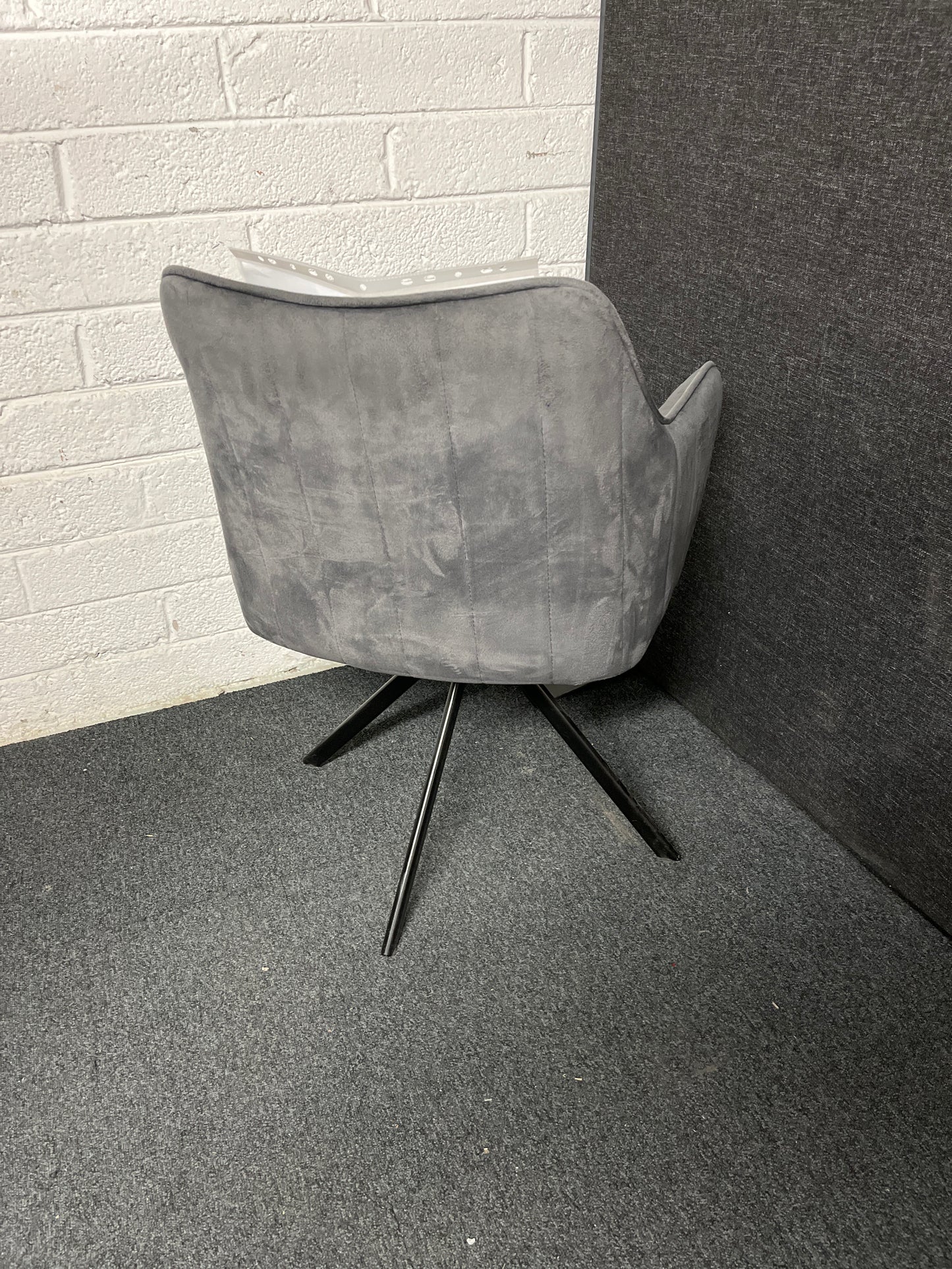 NEW  Alex armchair in Velvet GREY fabric,  metal 4 stem base. OTHER COLOURS AVAILABLE. LARGE QTYS AVAILABLE