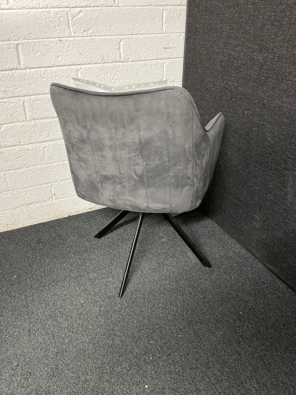 NEW  Alex armchair in Velvet GREY fabric,  metal 4 stem base. OTHER COLOURS AVAILABLE. LARGE QTYS AVAILABLE