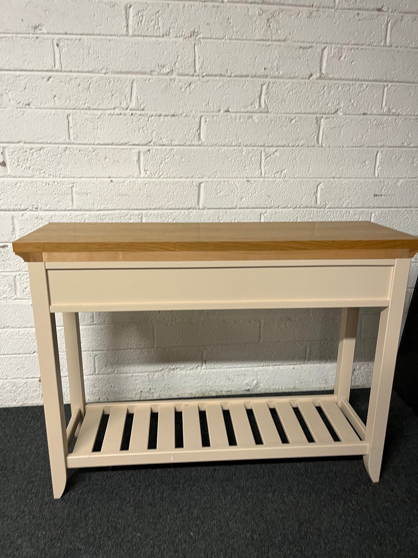 Solid oak top slim console table with cream painted frame, 3 drawers and shelf  1225