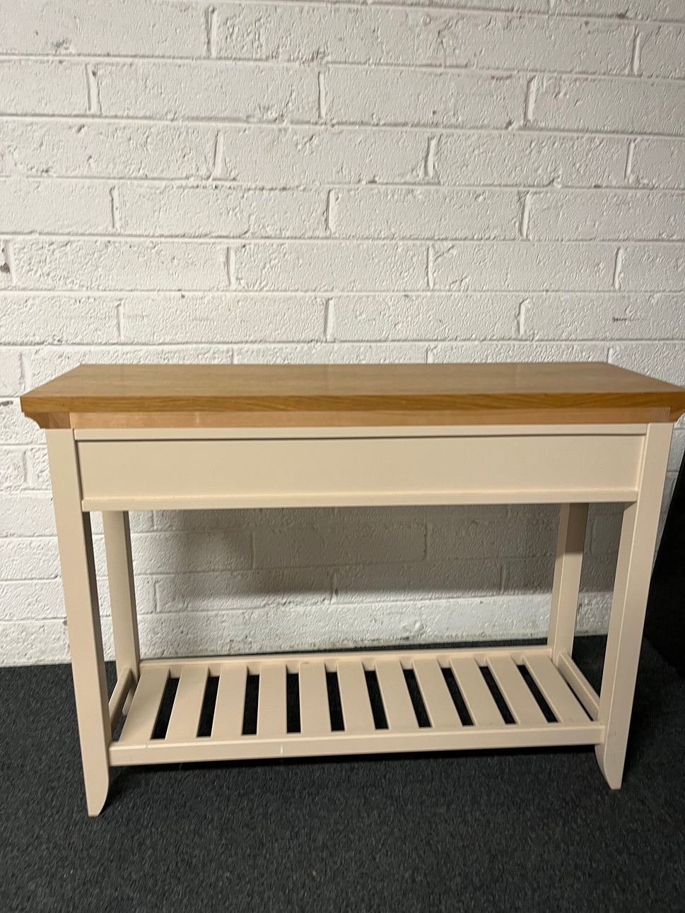 Solid oak top slim console table with cream painted frame, 3 drawers and shelf  1225