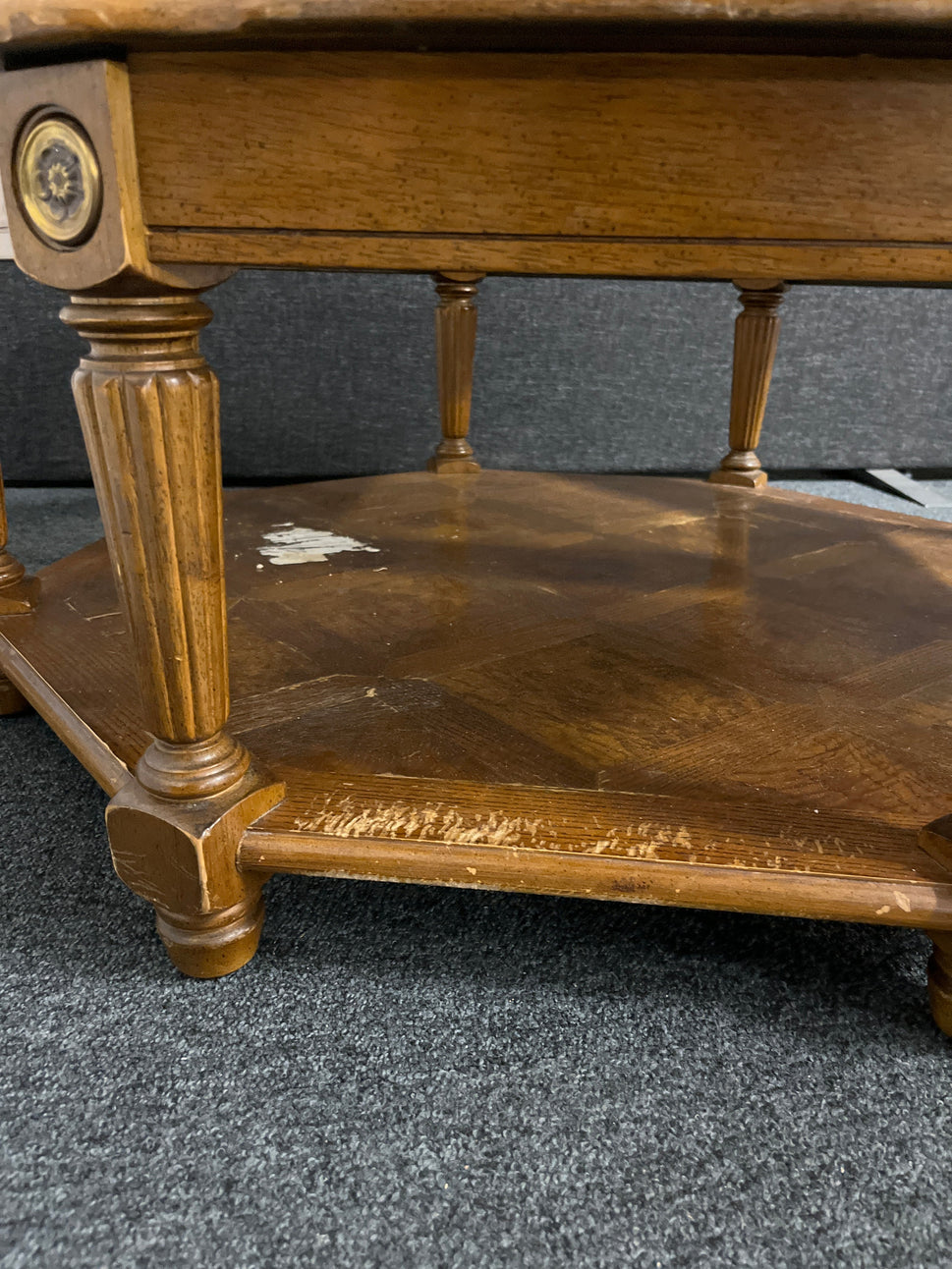 Large low 50p solid wood coffee table with smoked glass sections (H 400 x Radius 950 mm) 1225