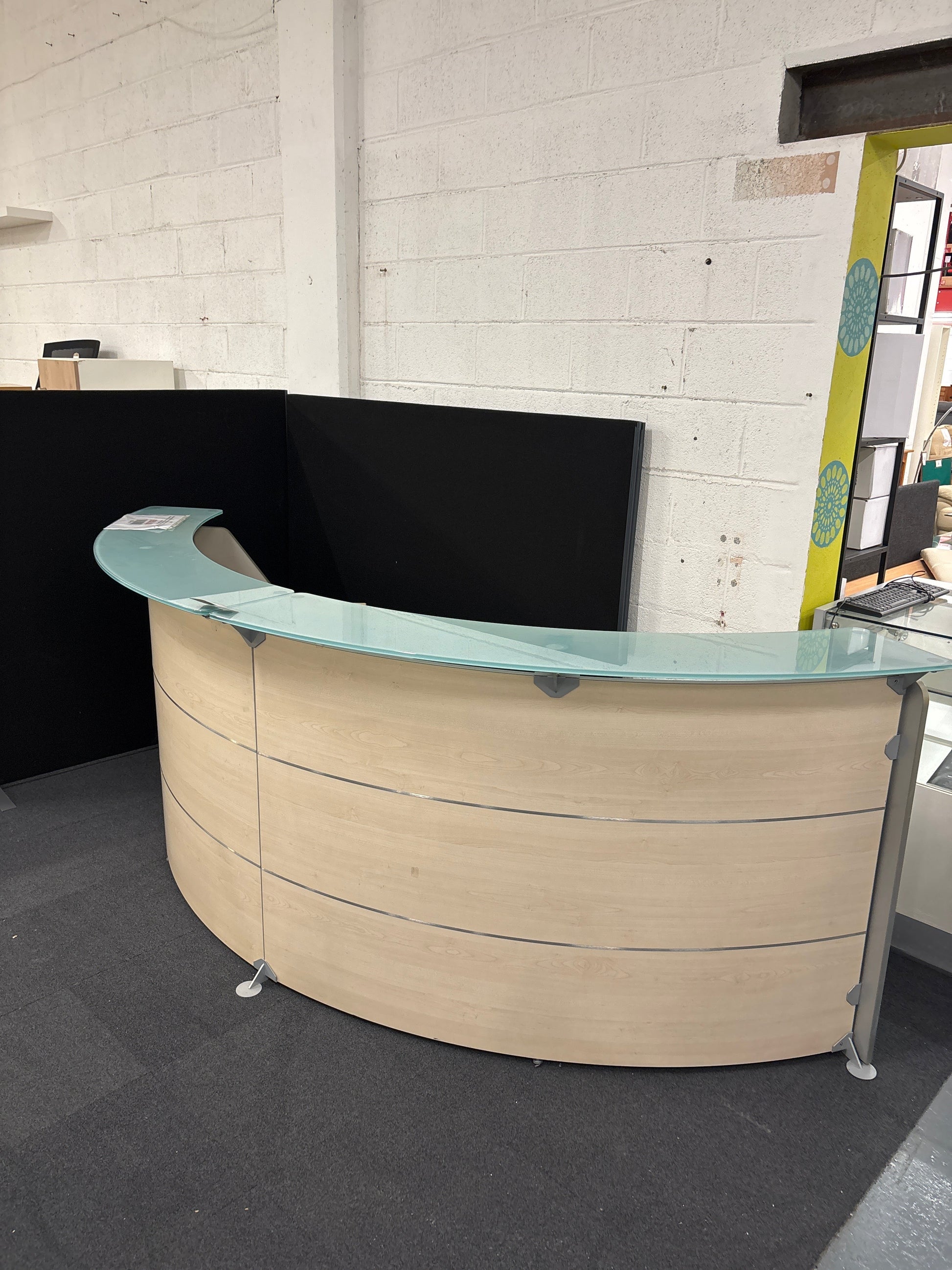 SECONDHAND  Maple laminate half moon sectional reception counter with maple worktop, toughened and frosted glass tops 
134cm from outside to centre each section