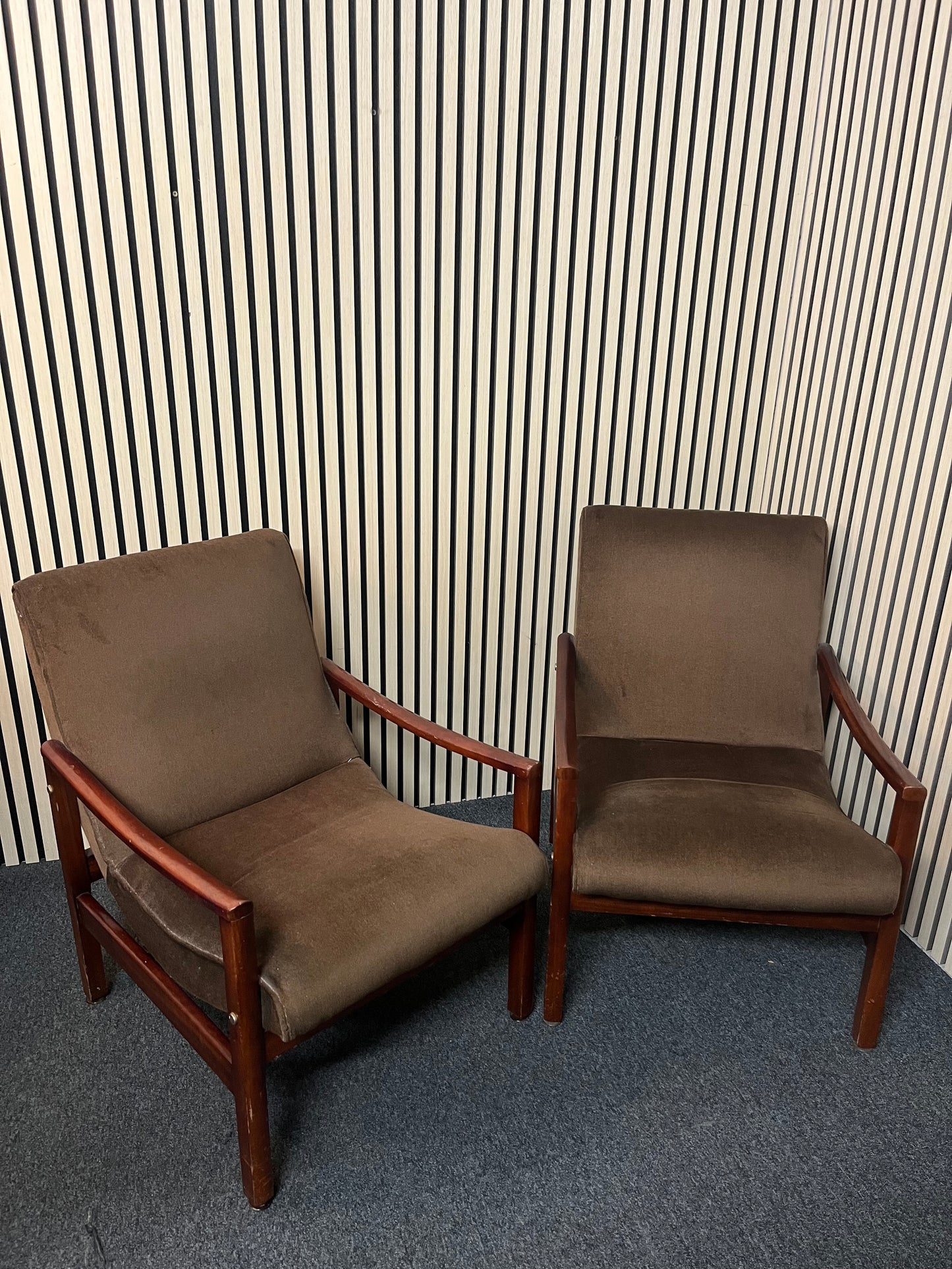 Solid teak stained armchairs, dark brown fabric 2325