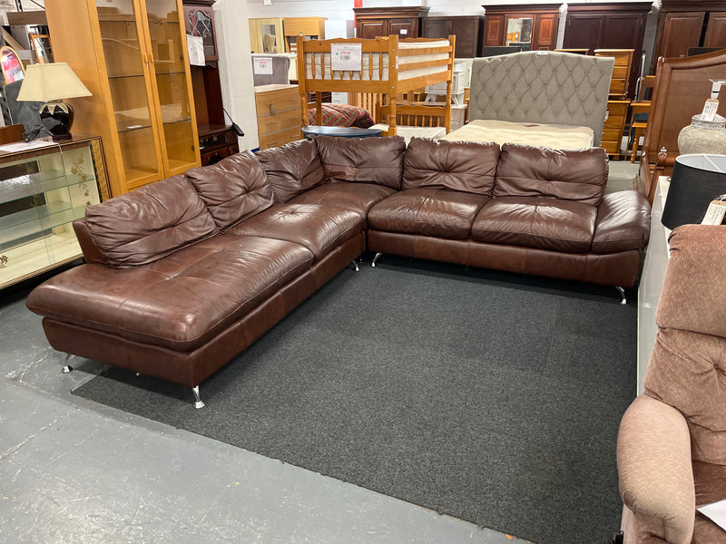Large brown leather corner sofa in sections with chrome legs  44538