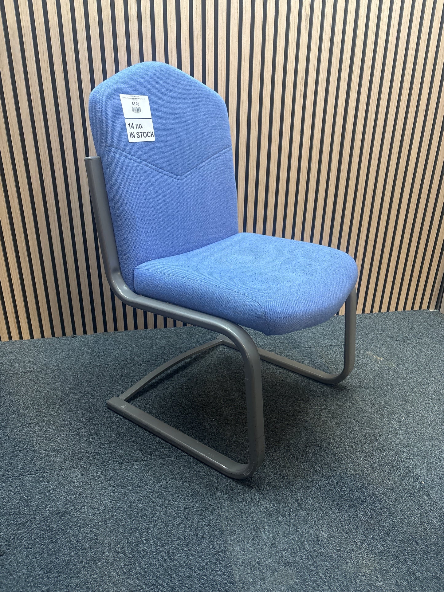 Light blue fabric cantilever meeting chair, grey powder coated frame