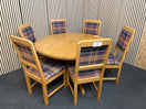 Switch Round light oak table central base with five matching tartan upholstered chairs. (135 cm in diameter)  44285 2 image