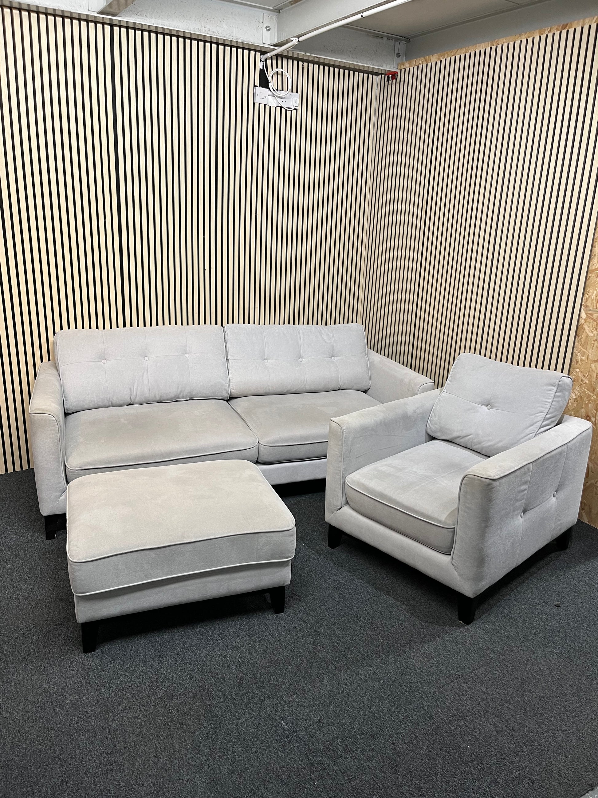 3 seater grey fabric sofa with return and matching armchair 3325