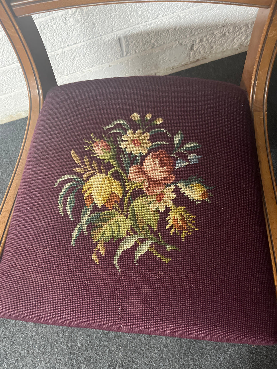 Solid mahogany dining chair with crochet wine floral seat  fabric. Matching carver armchair available  2225