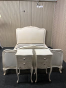 Switch Louis XVI solid wood frame upholstered white fabric bedframe with set of 2 matching ornate white 2 drawer solid wood lockers  43522 3 image