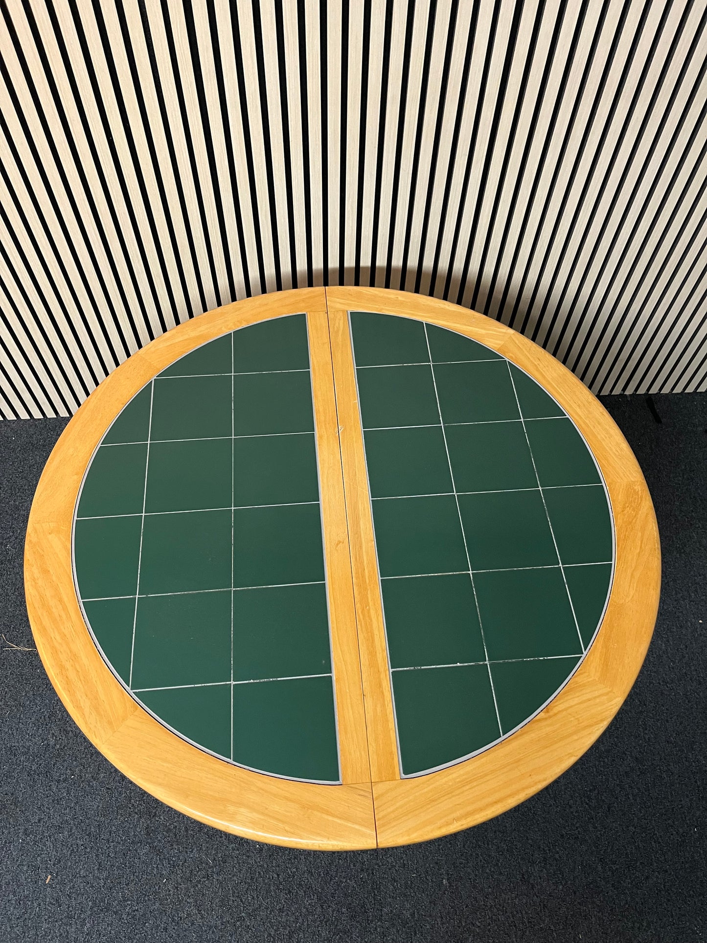 Circular solid pine extendable dining table (Diameter 106 + 38 cm extension ) with green frame and tiled top  1325