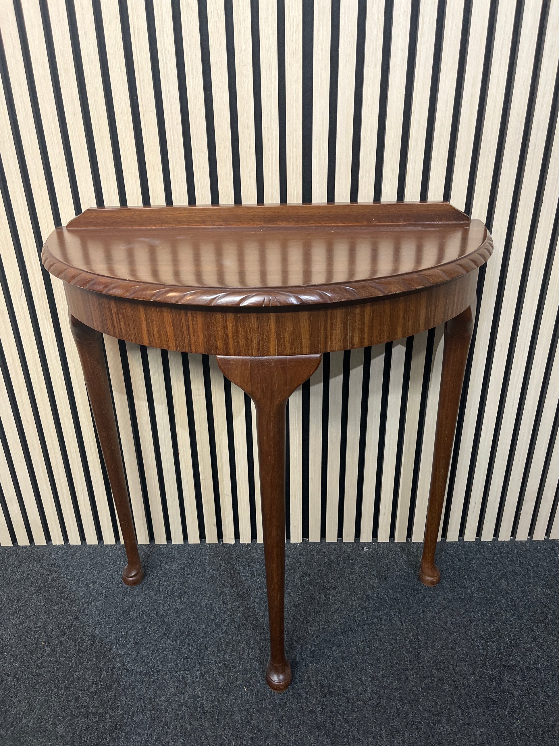 Mahogany half moon hall table with upstand, heat mark on top 3325
