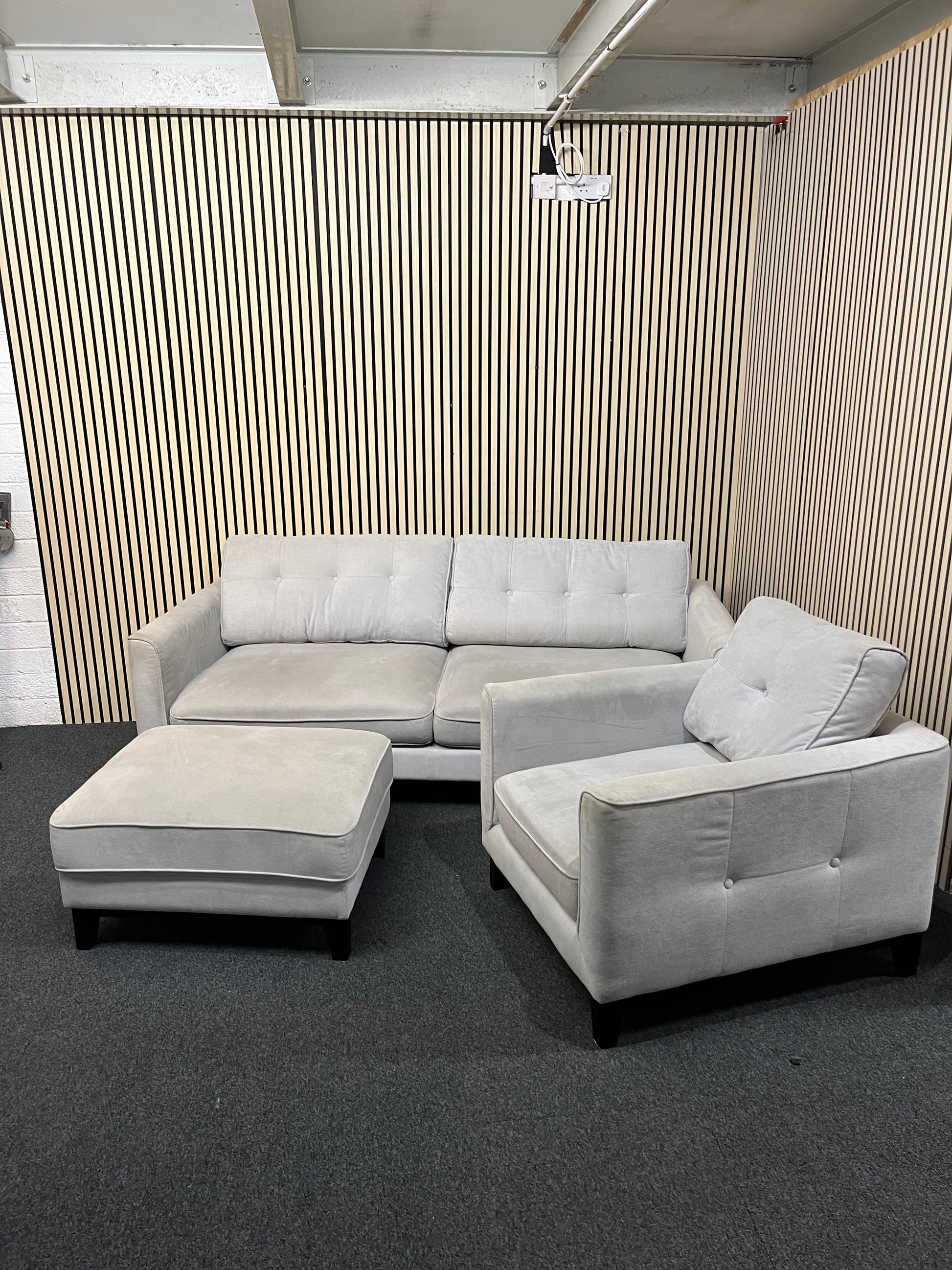 3 seater grey fabric sofa with return and matching armchair 3325