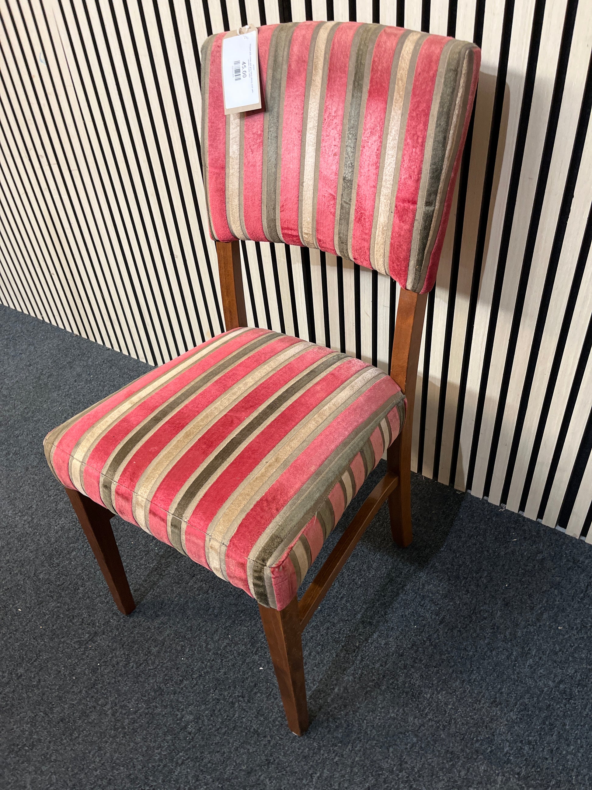 Stripped pink, cream and grey fabric dining chair with wooden frame 2425