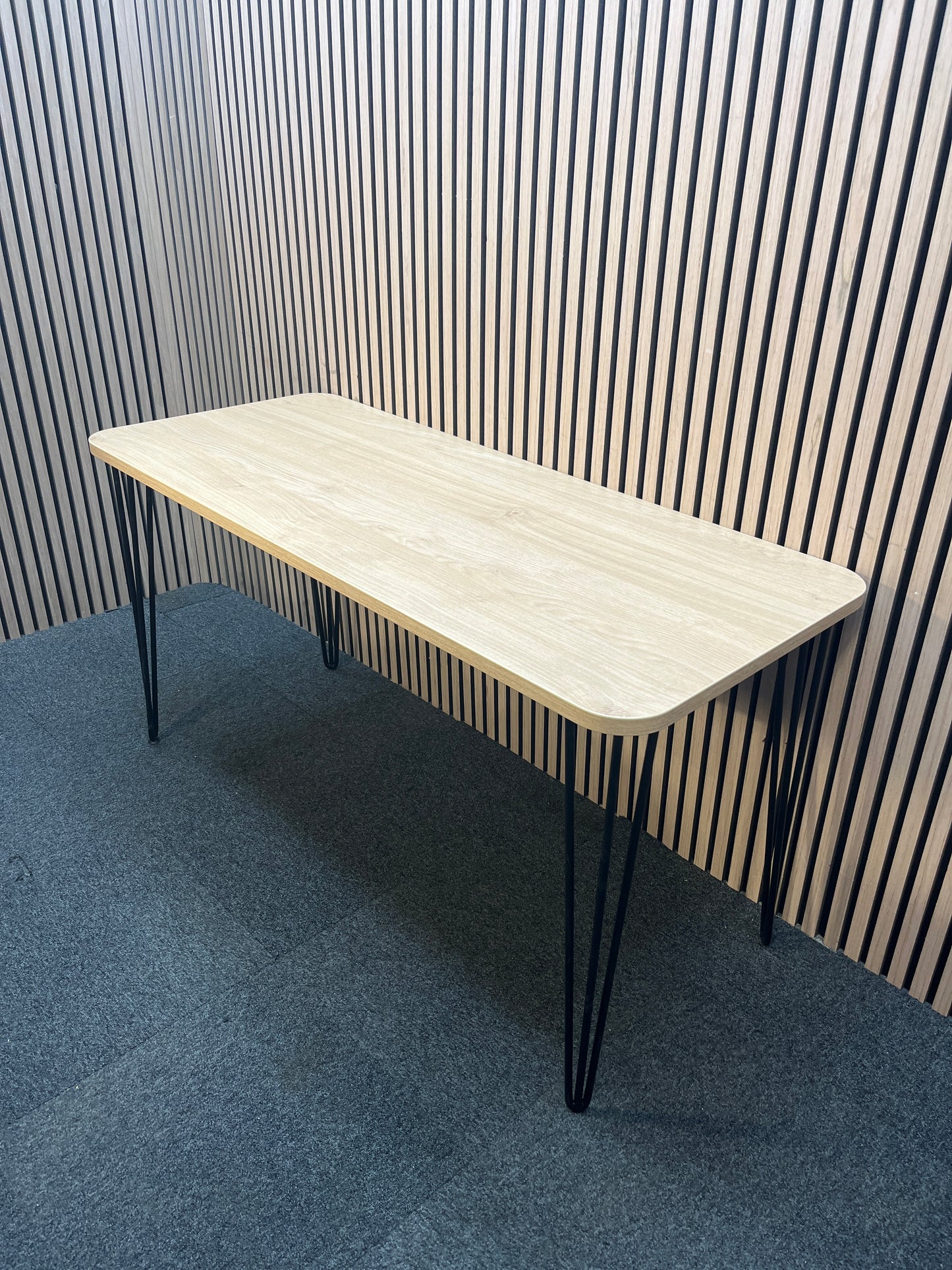 1400 x 600 American oak desk with black metal bobby pin legs