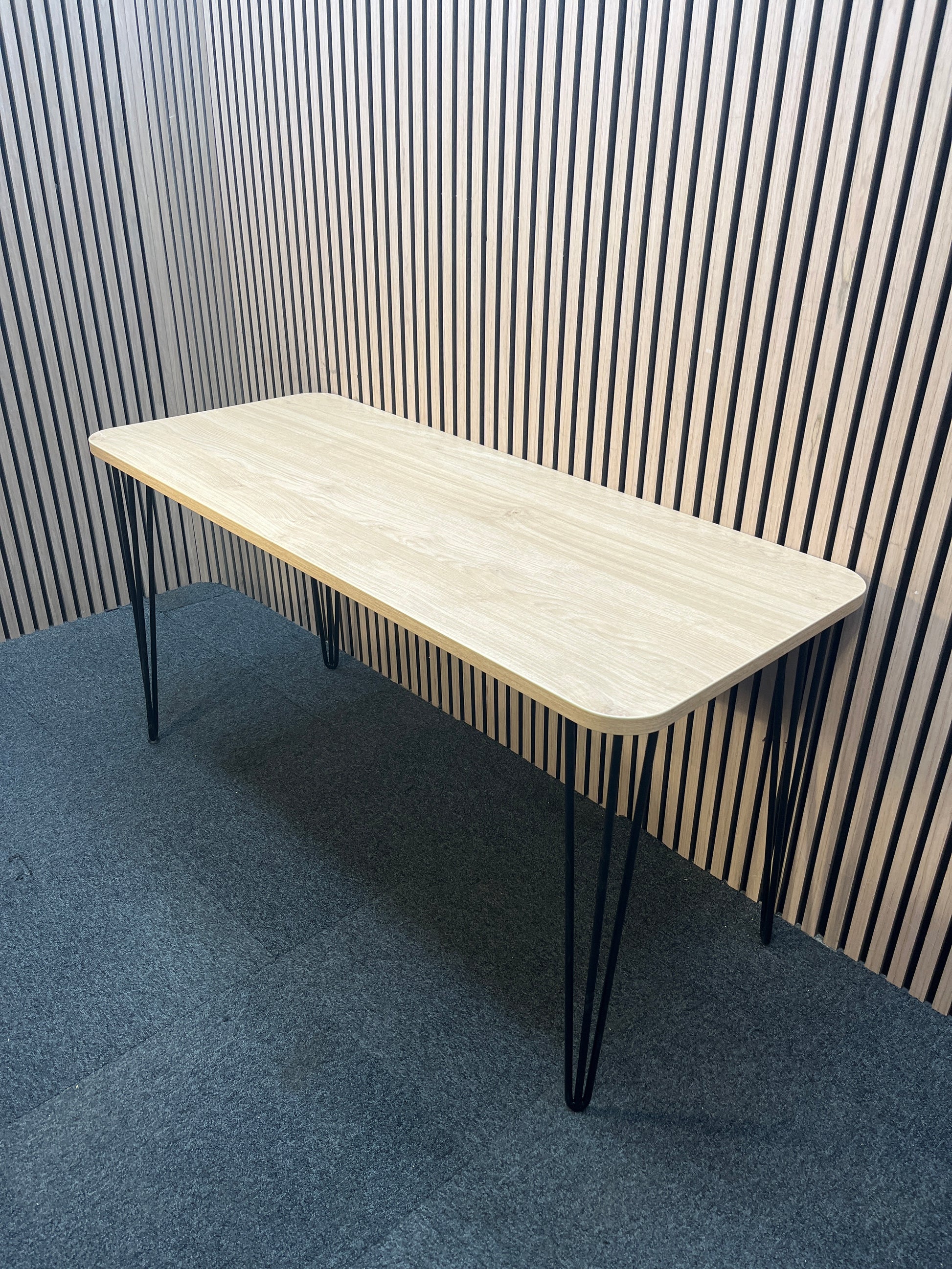 1400 x 600 American oak desk with black metal bobby pin legs