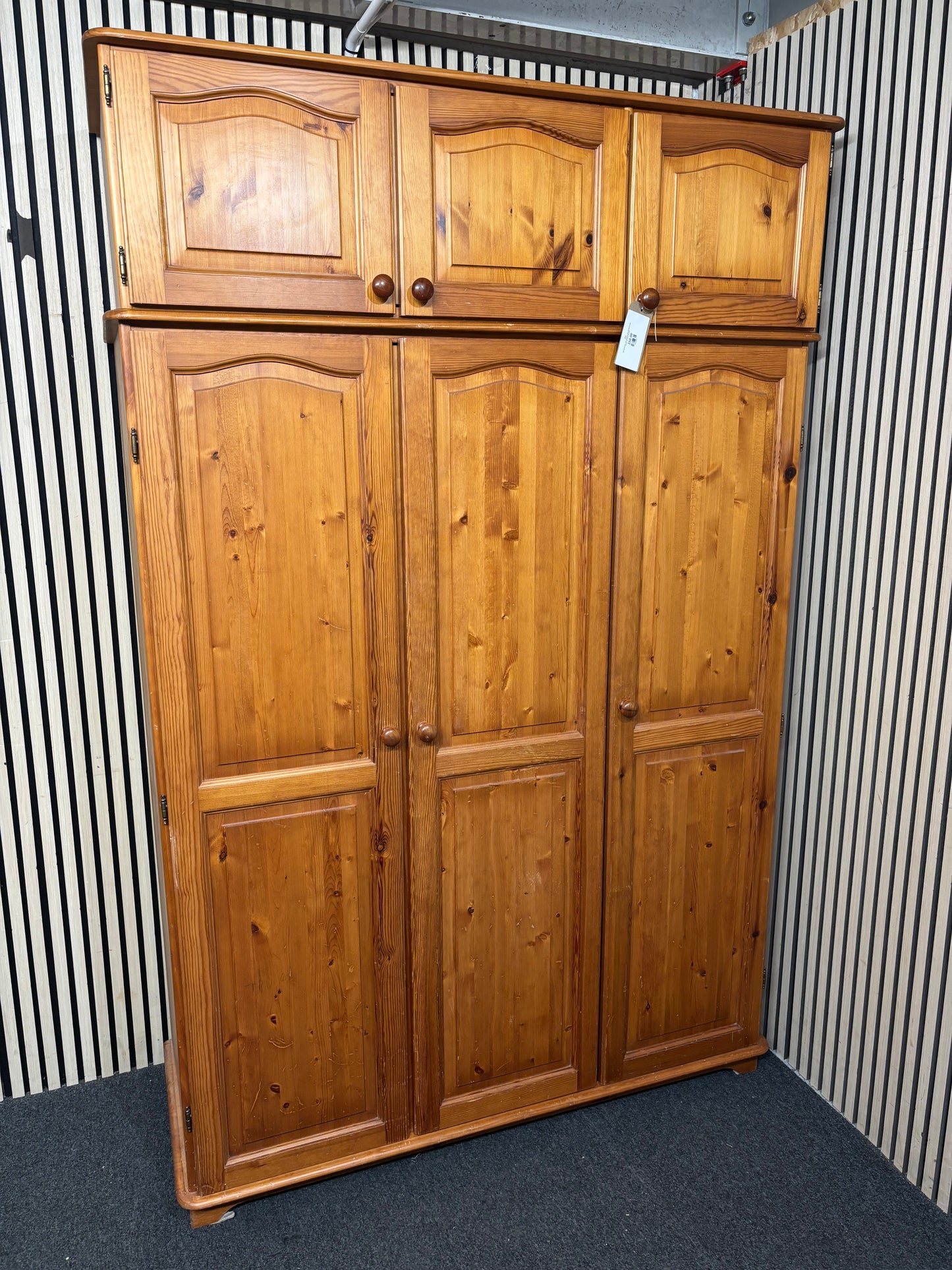 Tall natural pine 3 door wardrobe with overhead storage (H 210 x W 140 x D 56 43694