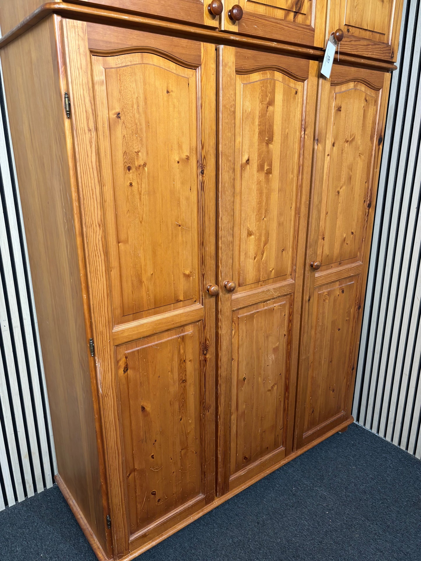Tall natural pine 3 door wardrobe with overhead storage (H 210 x W 140 x D 56 43694