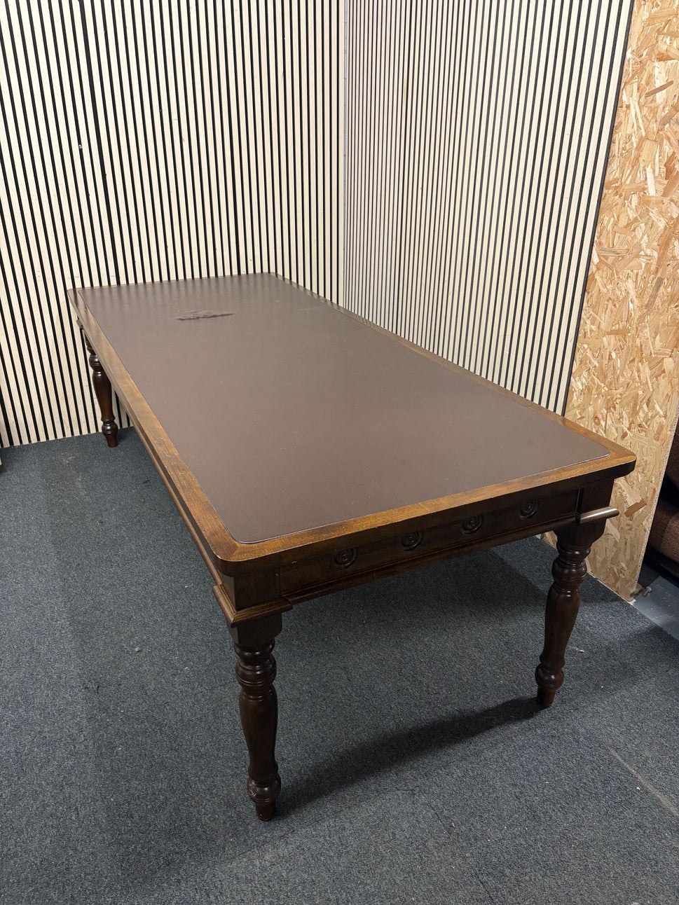 Ornate large rectangular Dark wood dining table with leather top  (240 x 100 cm) (ripped) 43805