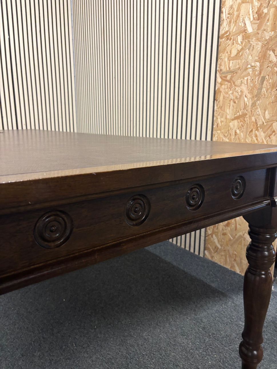 Ornate large rectangular Dark wood dining table with leather top  (240 x 100 cm) (ripped) 43805