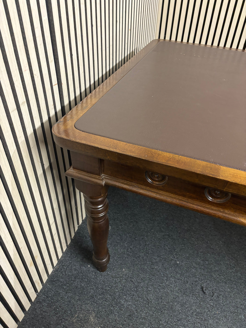 Ornate large rectangular Dark wood dining table with leather top  (240 x 100 cm) (ripped) 43805