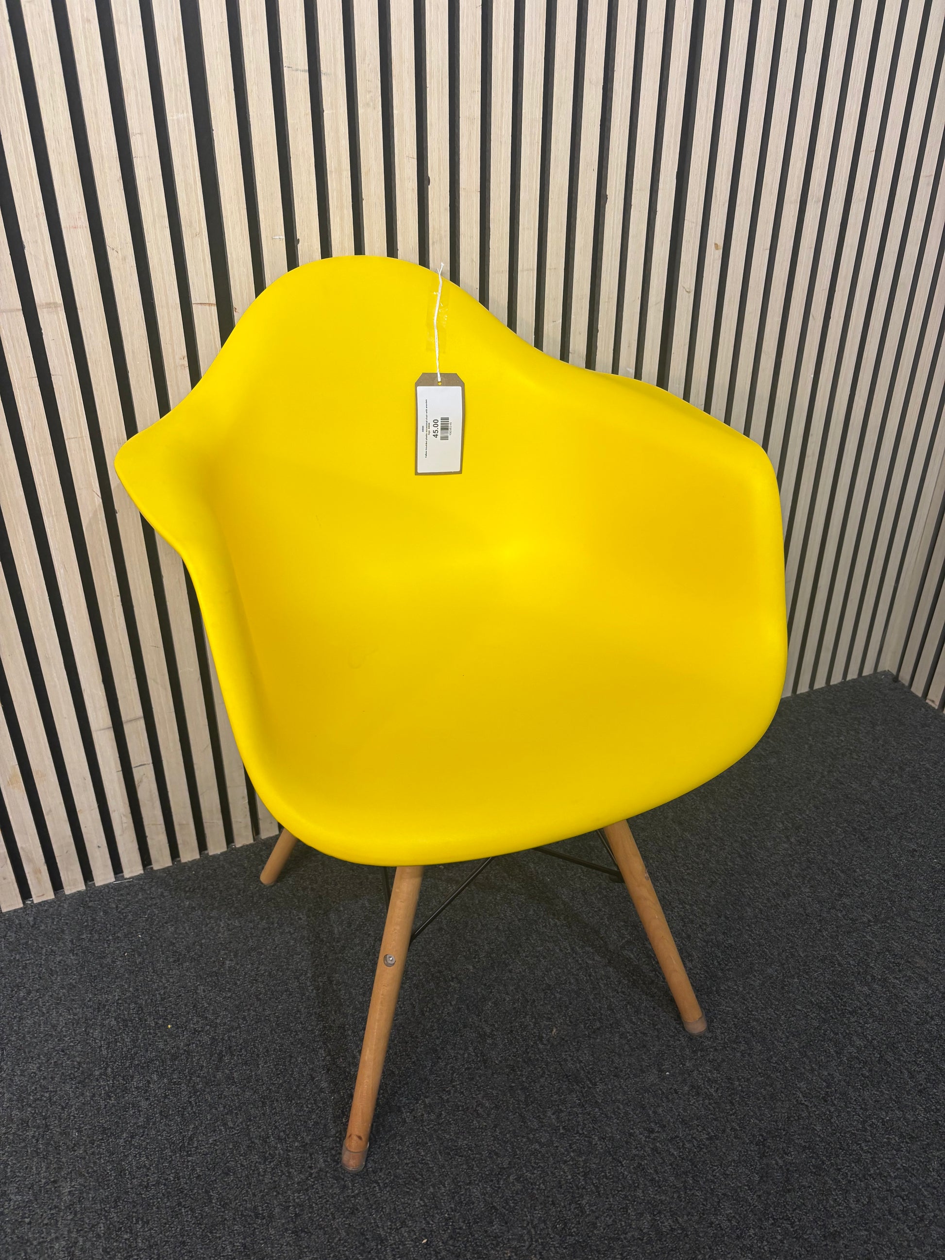 Yellow moulded plastic occasional chair with wooden legs  44044