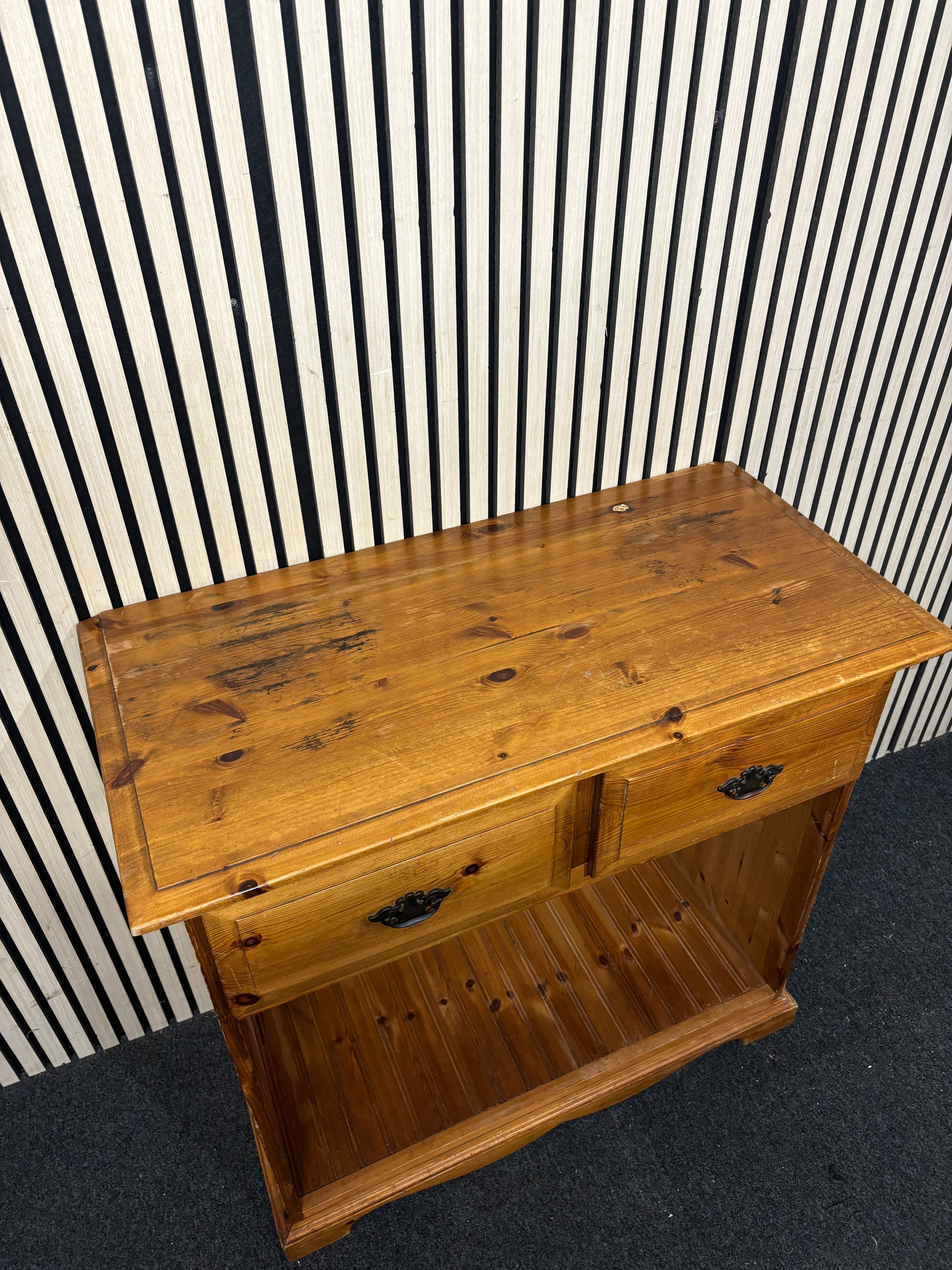 Solid pine console table with two drawers and open shelving (H 89 x W 93 x D 46 cm)  44085